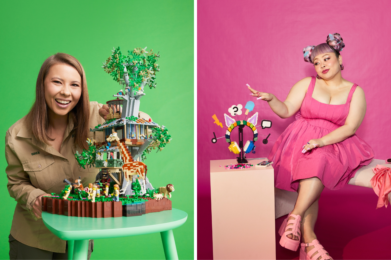 Image collage of Bindi Irwin and Naomi Watanabe and their LEGO build 