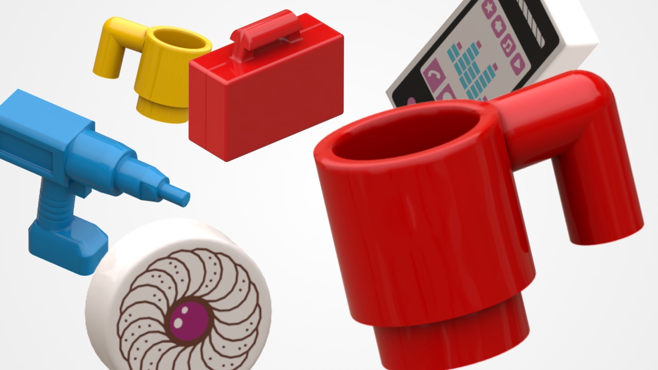 Cup, drill, cookie and a lunch box in LEGO bricks
