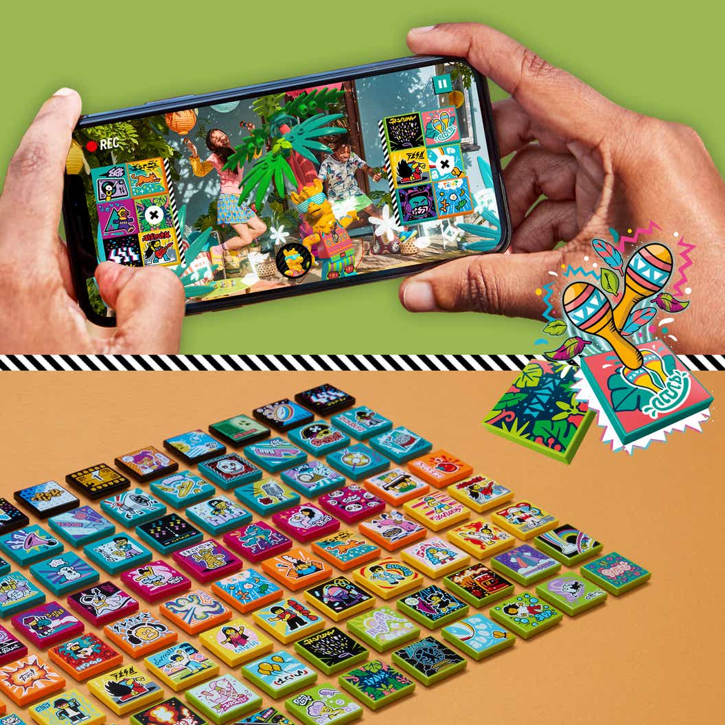 Split image with a phone displaying the LEGO VIDIYO app on top and a collection of beat bits on bottom