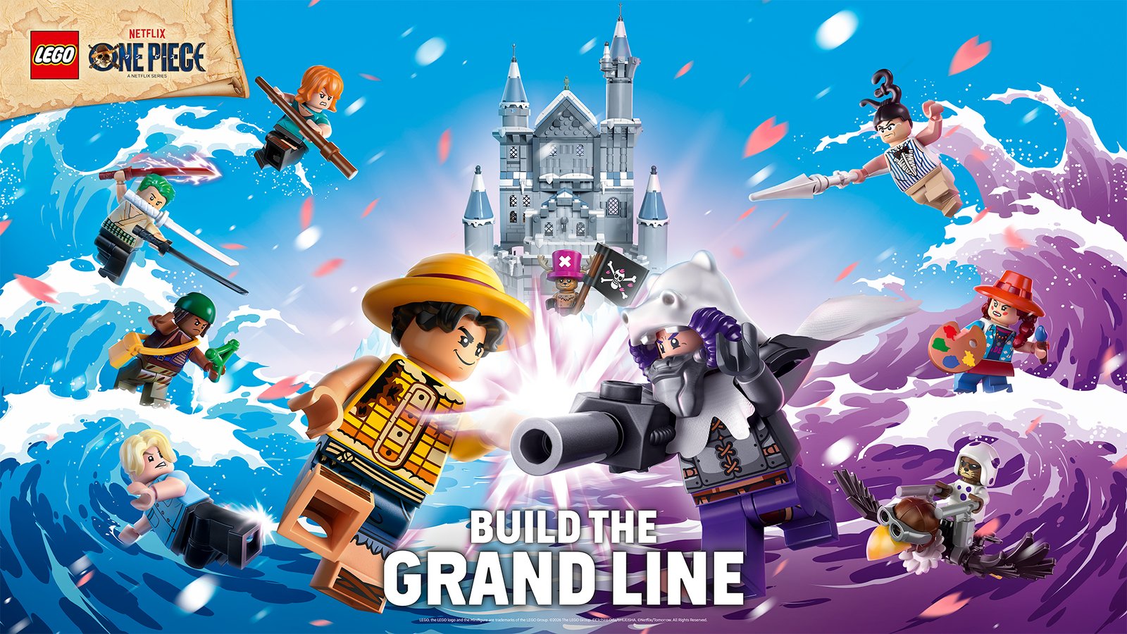 LEGO ONE PIECE Season 2 wave key visual showing Luffy and crew battling villains across ocean waves with Drum Castle in the background, 'Build the Grand Line' tagline
