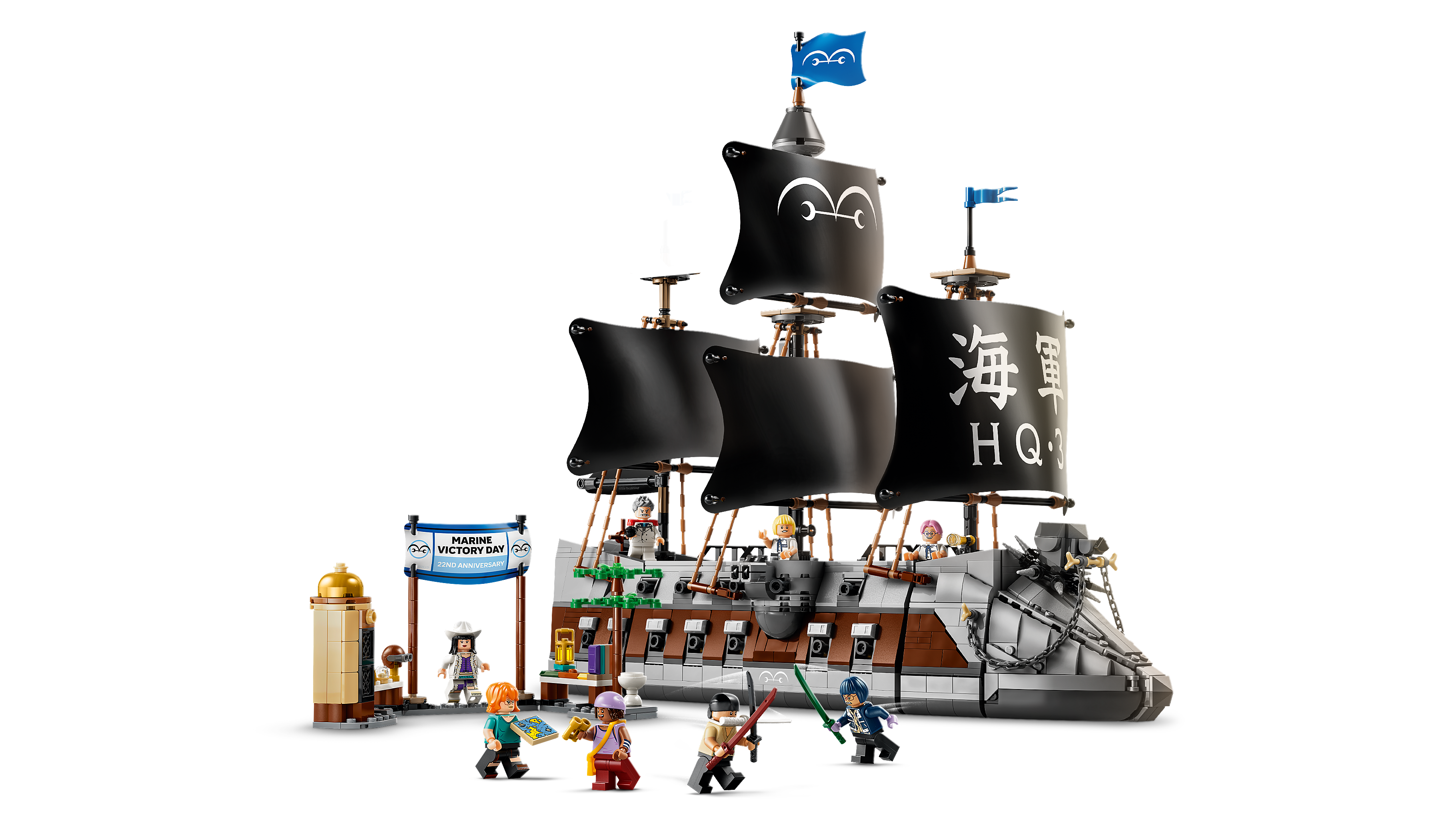 LEGO ONE PIECE Garp's Marine Battleship 75646 — large black-sailed warship with dog figurehead and eight minifigures including Zoro, Nami, Garp, and Tashigi arranged along the dock