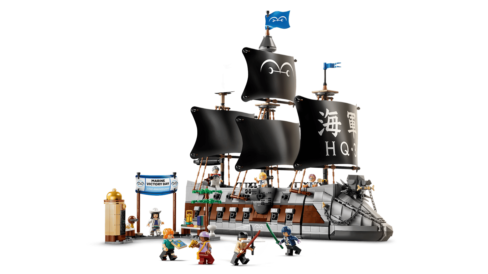 LEGO ONE PIECE Garp's Marine Battleship 75646 — large black-sailed warship with dog figurehead and eight minifigures including Zoro, Nami, Garp, and Tashigi arranged along the dock