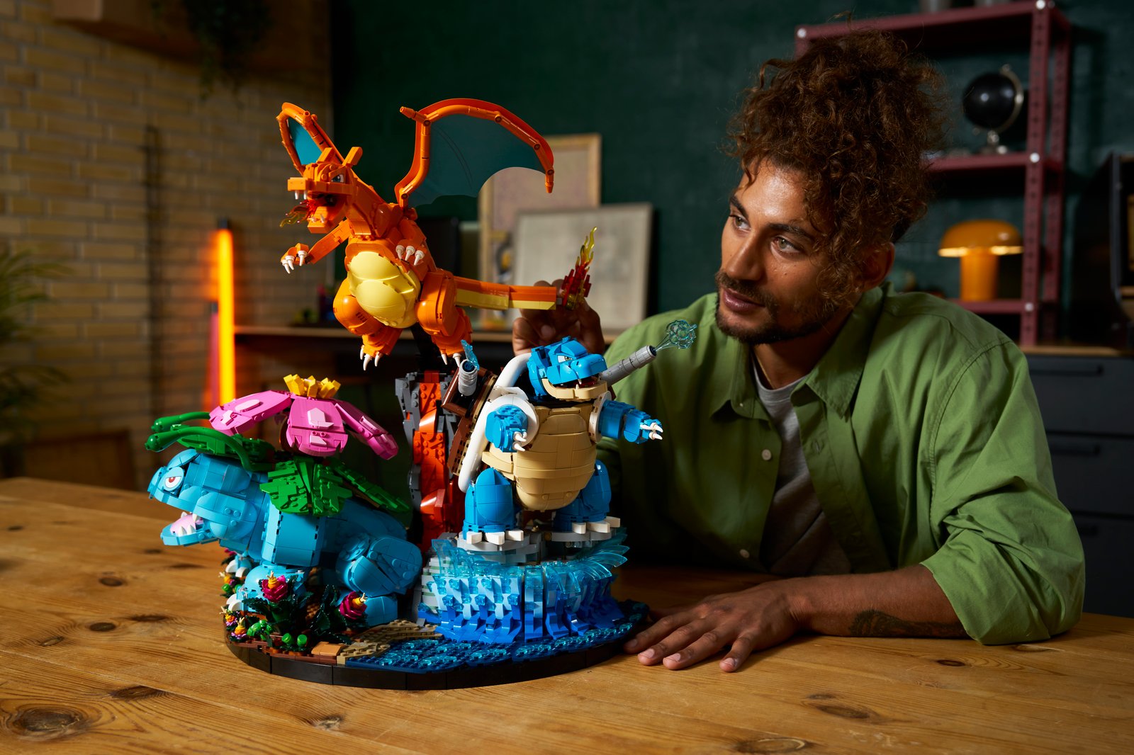 LEGO Pokémon 72153 Venusaur, Charizard, and Blastoise lifestyle press photo showing the completed build