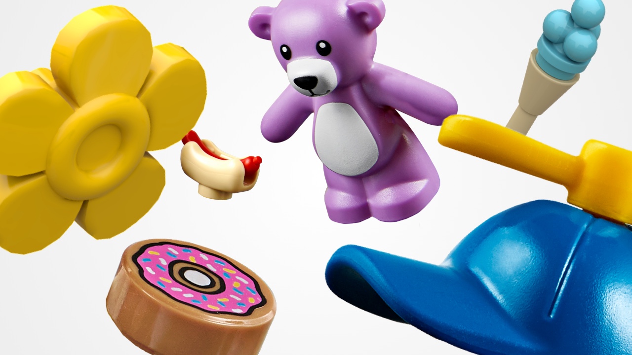 Teddy bear, baseball cap, flower made of LEGO bricks