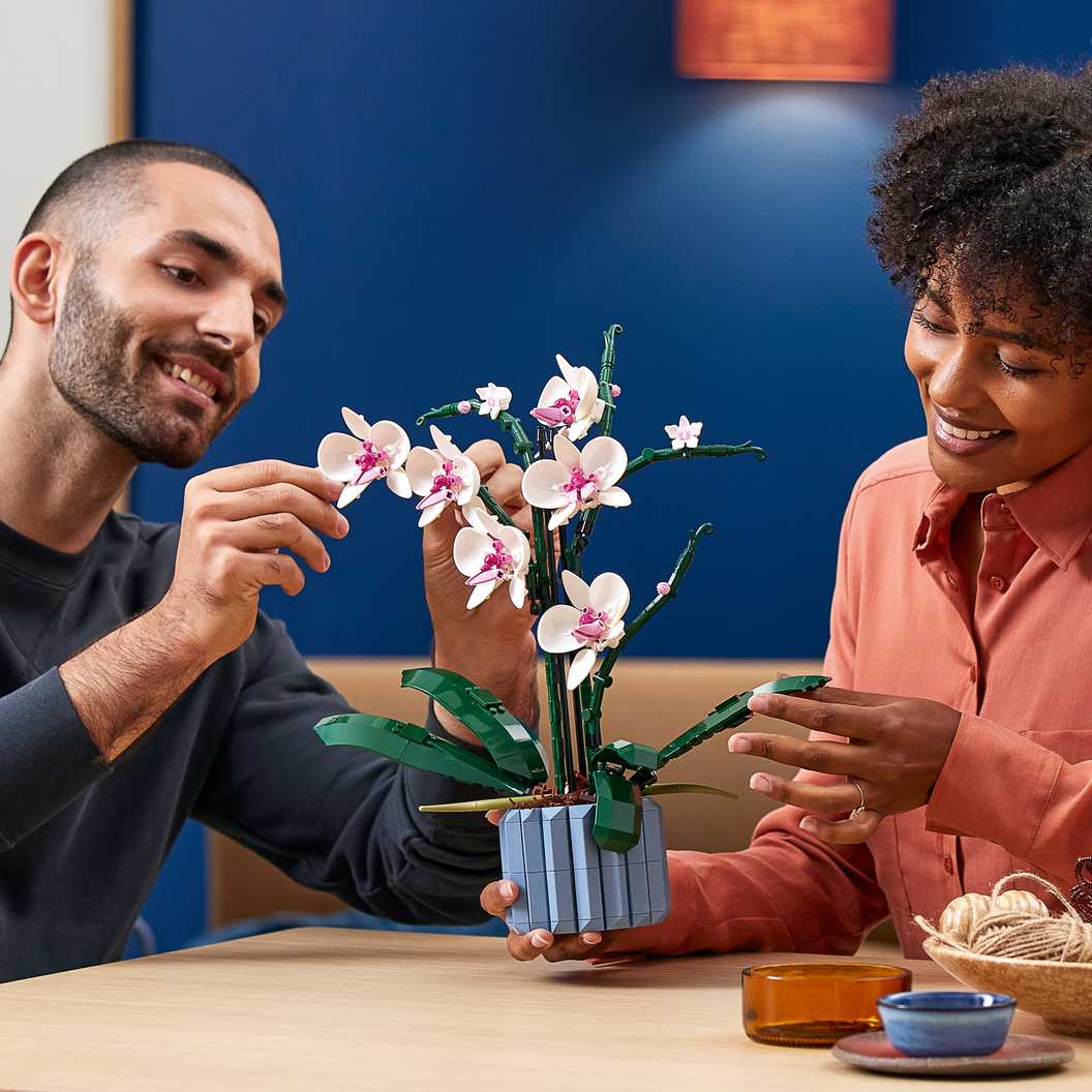 Lifestyle-Bild von Mann und Frau, die ein LEGO-Orchideen-Set bauen