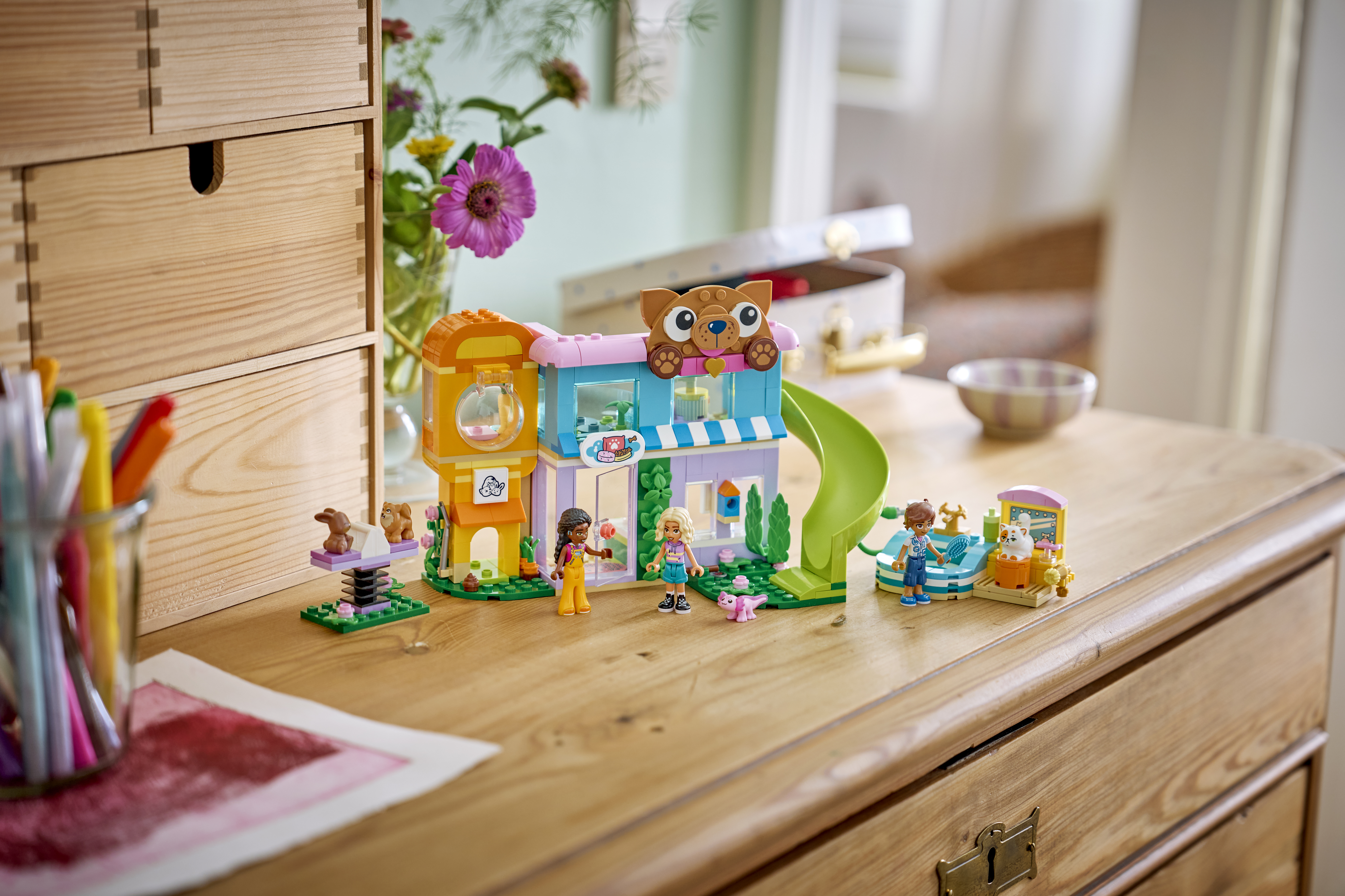 Official LEGO Friends Pet Care and Play Centre lifestyle image from the October 2026 announcement