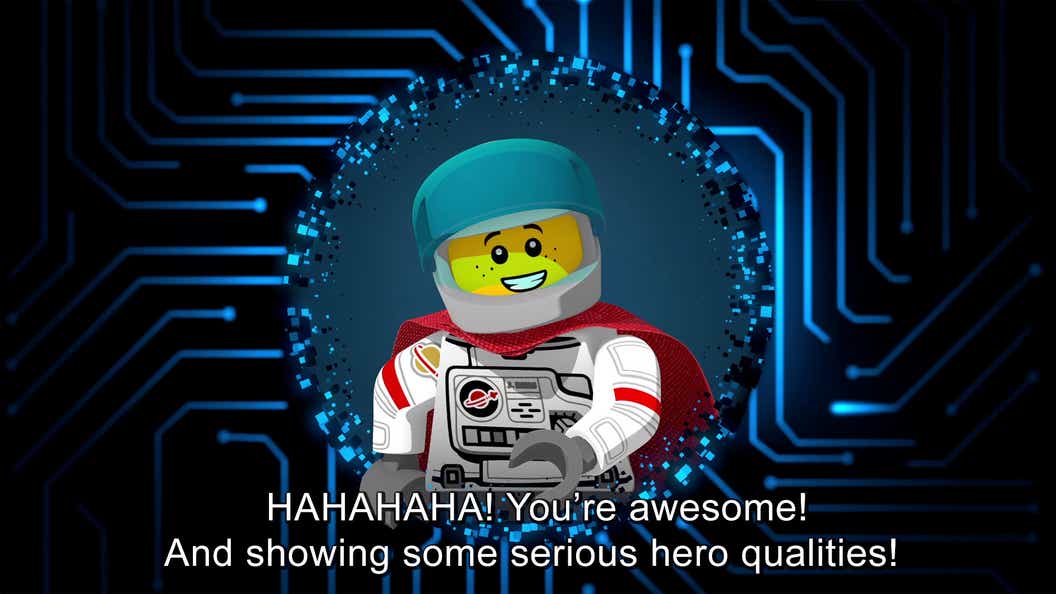 Screen crab from the interactive experience featuring a LEGO Minifigure praising players for showing digital empathy