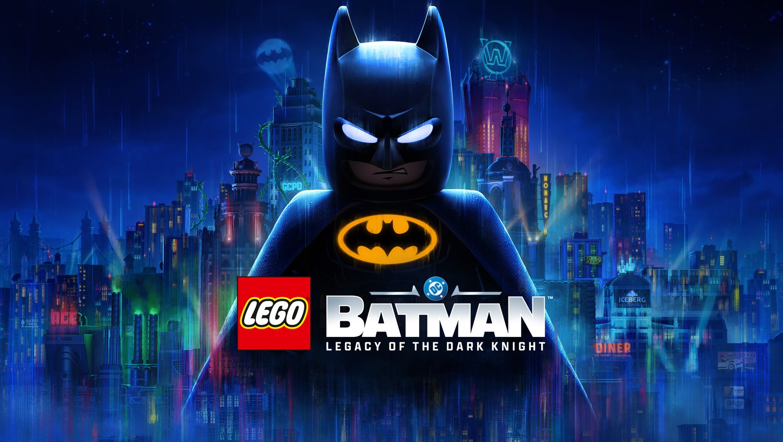 LEGO Batman: Legacy of the Dark Knight primary key art — Batman silhouette over Gotham City with game logo
