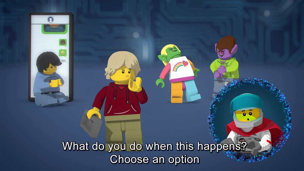 Screen grab of one of the scenarios from the interactive experience on LEGO.com/kids featuring LEGO Minifigures.