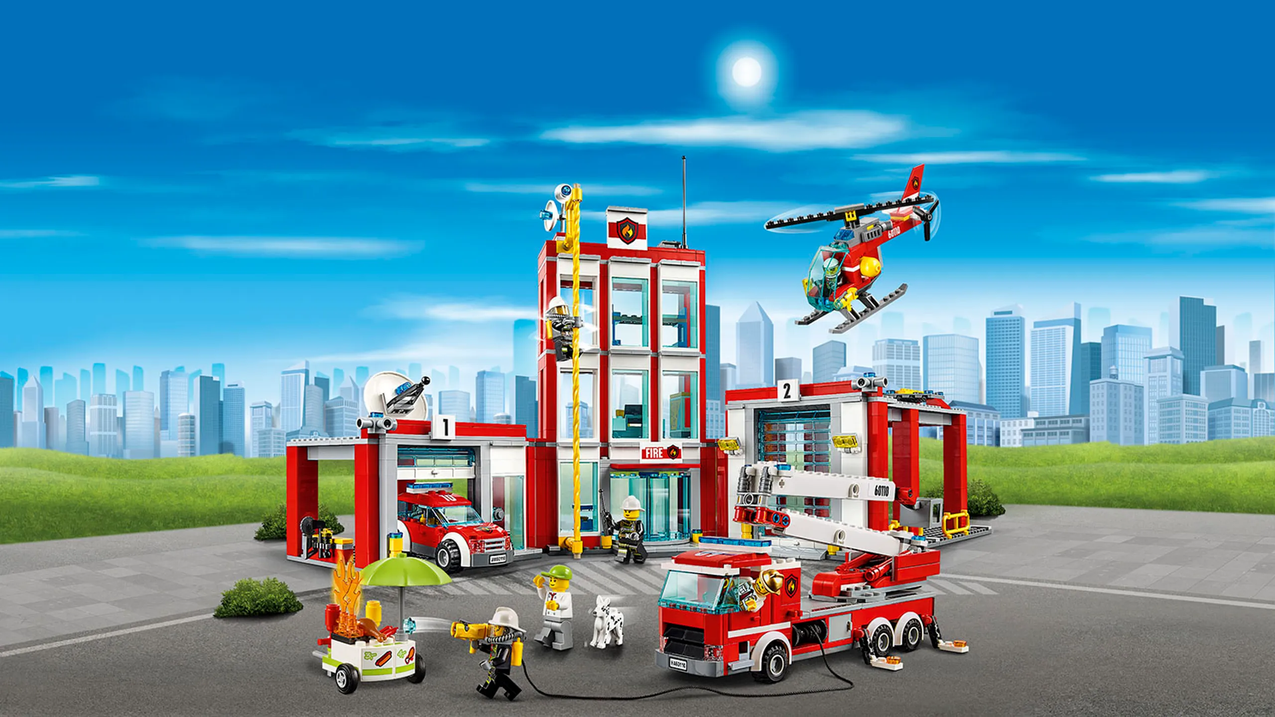 LEGO City Fire - 60110 Fire Station - The hot dog stand outside the fire station is on fire. Pull out the firehose and put out the fire!