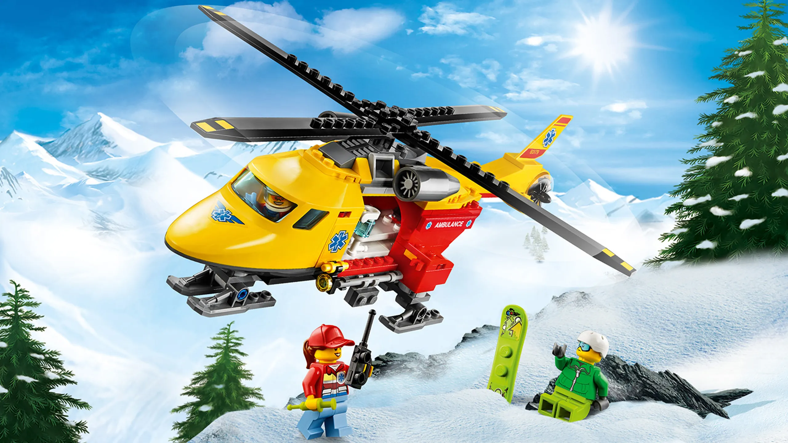 LEGO City Great Vehicles - 60179 Ambulance Helicopter - Take the ambulance helicopter to fly to the mountain to save a snowboarder who crashed.