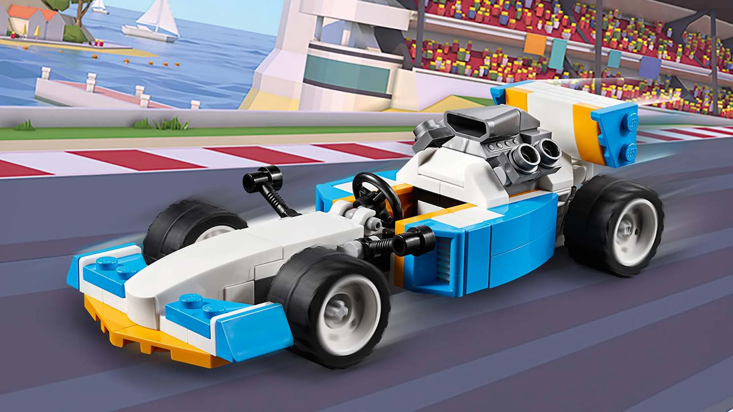 LEGO Creator 3 in 1 - 31072 Extreme Engines - A Race Car with a large rear engine is portrayed on a race track.