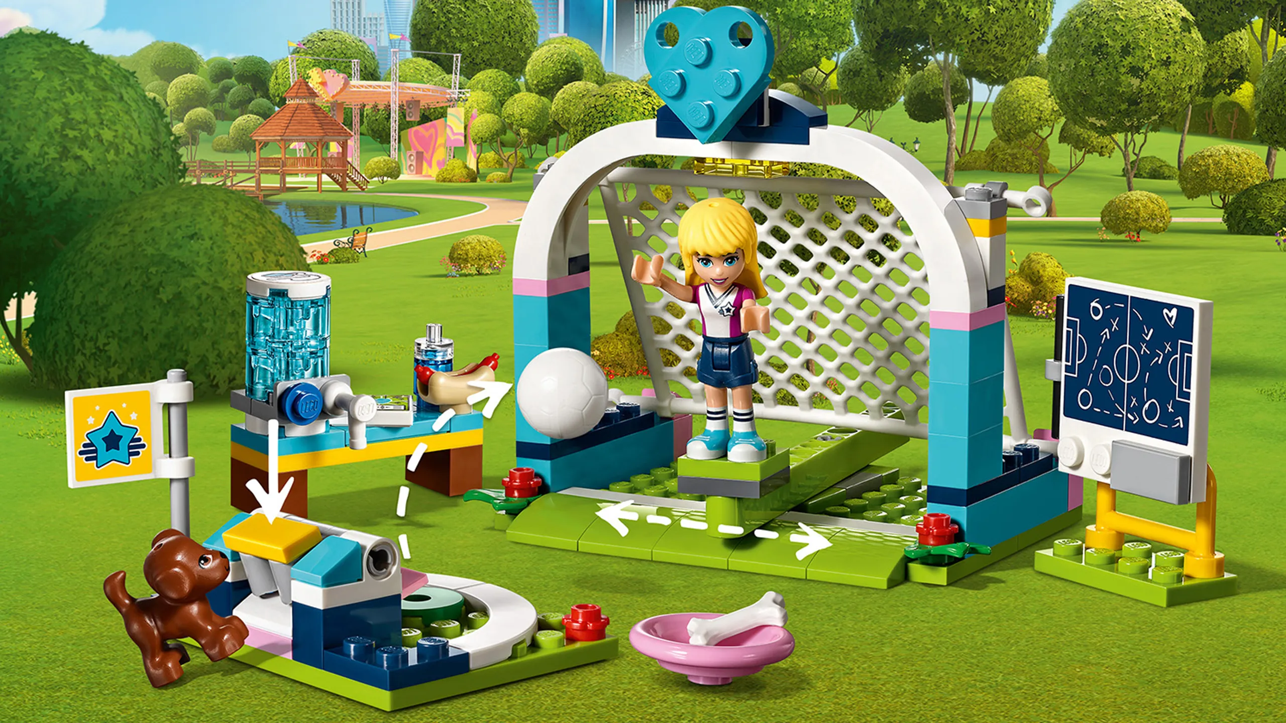 LEGO Friends Stephanie's Soccer Practice - 41330 - Train with Stephanie at her Football Practice in Heartlake City Park and use the shoot function to launch the ball toward the goal. Help puppy Dash fetch the ball!