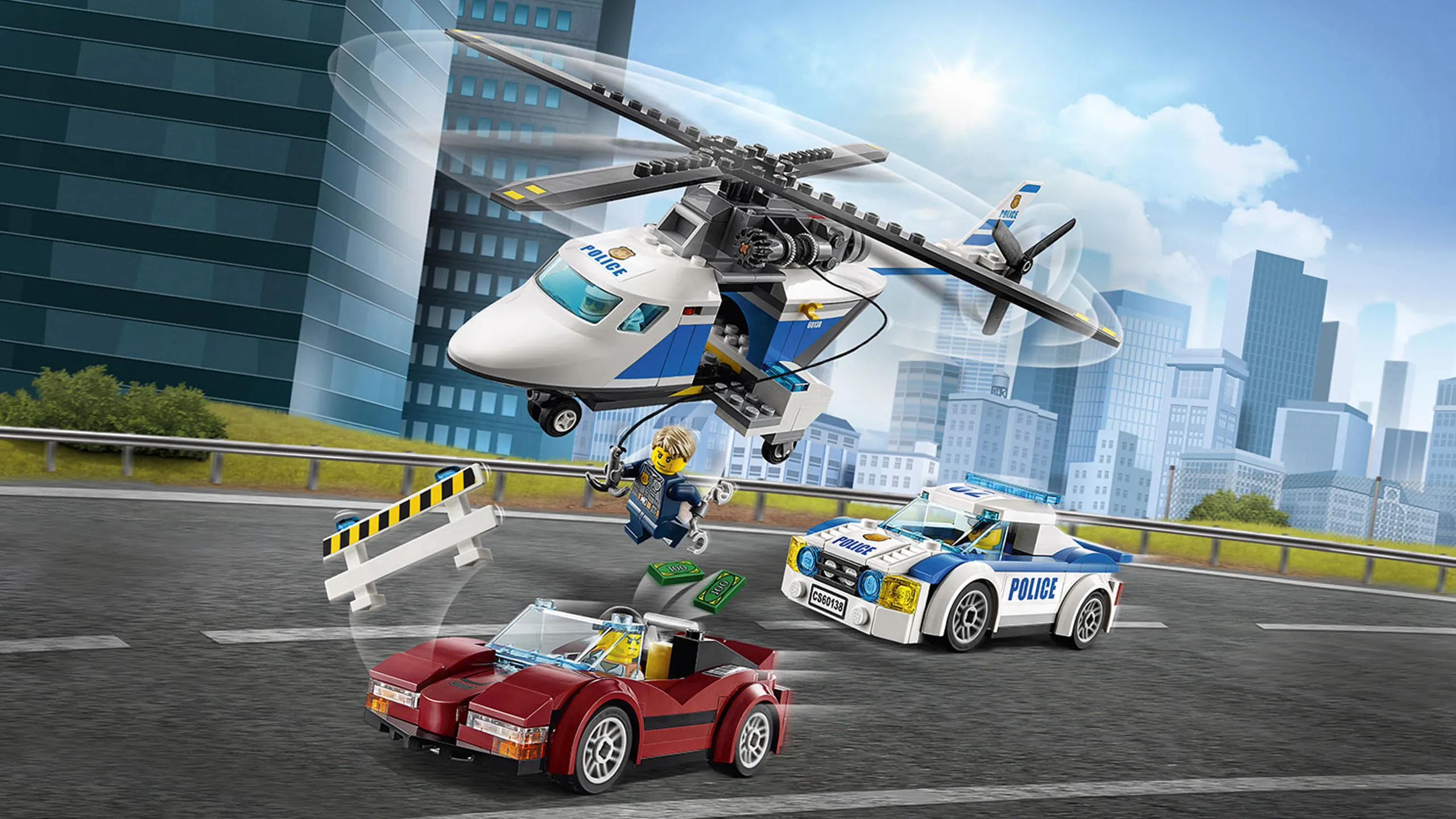LEGO City Police - 60138 High-Speed Chase - The police helicopter and police car chase the crook who has stolen money.