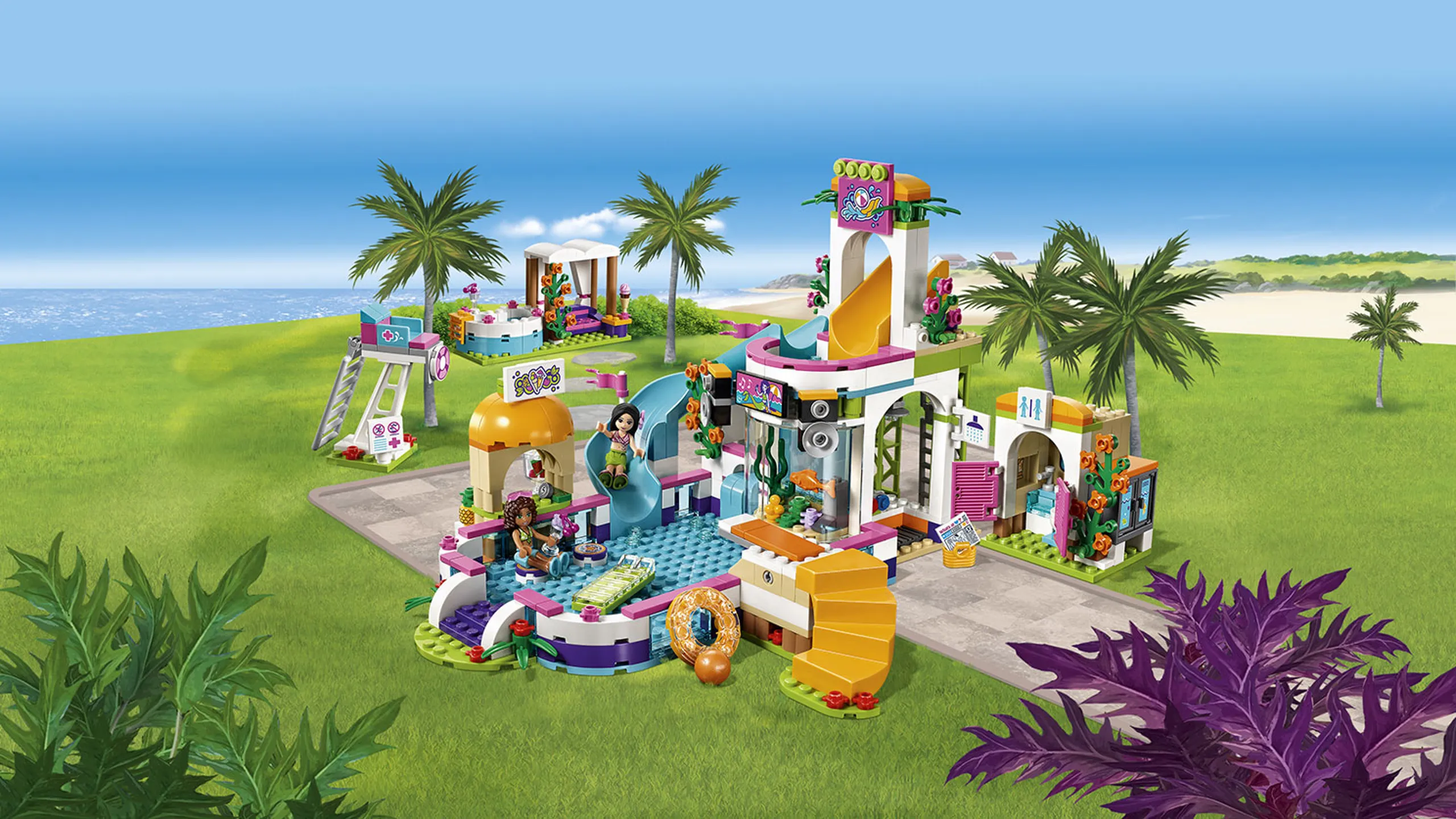 LEGO Friends - 41313 Heartlake Summer Pool - Andrea relaxes in the pool and Martina takes a ride on the water slide and splashes into the pool.