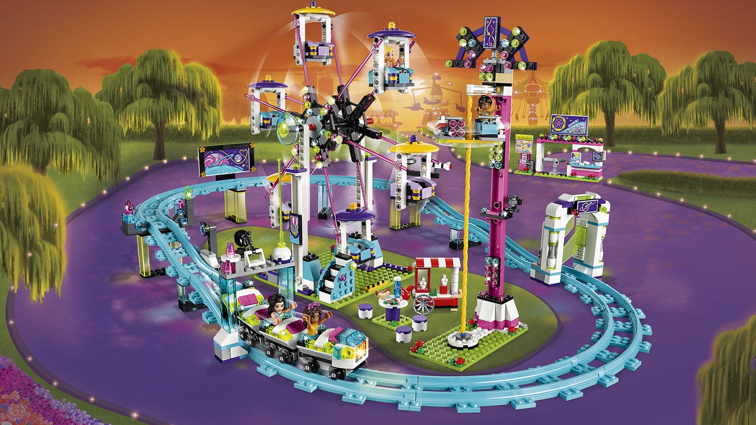 LEGO Friends - 41130 Amusement Park Roller Coast - Take a ride in the roller coaster, the ferris wheel or the spinning drop tower at the amusement park!