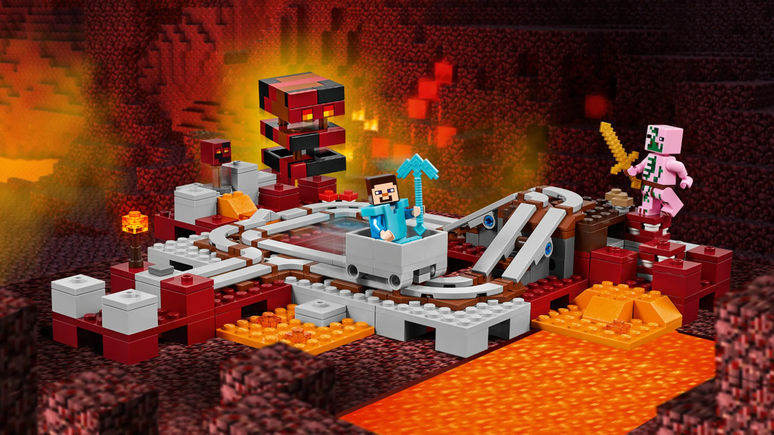 LEGO Minecraft - 21130 The Nether Railway - Steve has built an awesome rail system in the dangerous Nether biome, so he has put on his diamond armor, taken his diamond pickaxe and races down the track avoiding the molten lava, soul sand and the hostile zombie pigman.