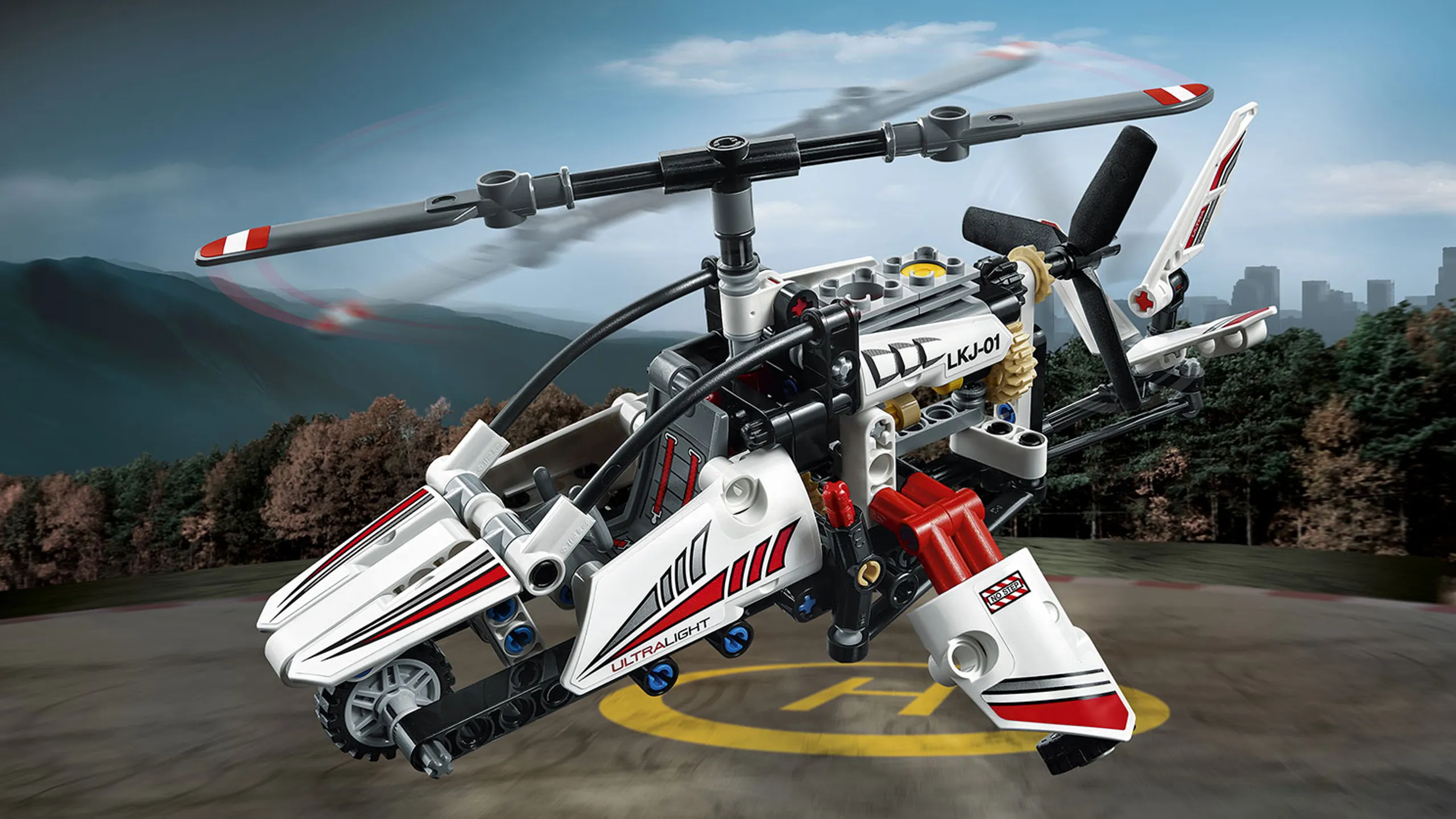 LEGO Technic - 42057 Ultralight Helicopter - Pilot this high-tech helicopter in white, blue and red colors! It has a tail rudder, main rotor, tail rotor and a detailed engine.