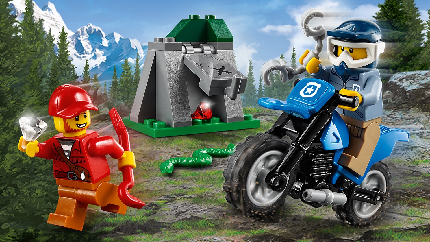 LEGO City Mountain Police - 60170 Off-Road Chase - The police jumps on their Off-Road motorbike to chase a diamond thief in the mountains.