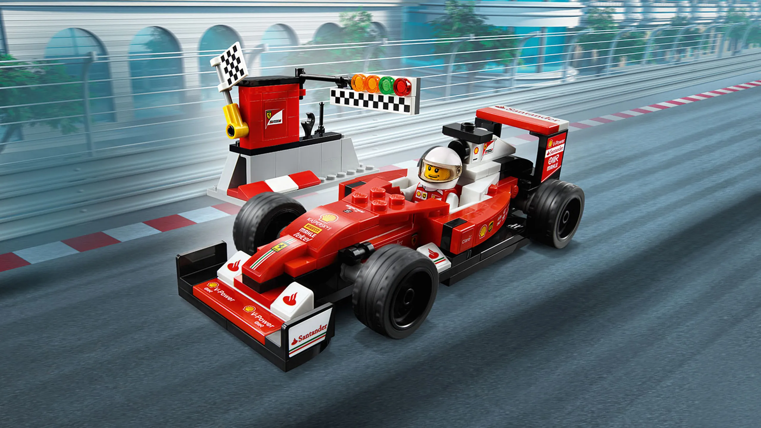 LEGO Speed Champions - 75879 Scuderia Ferrari SF16-H - Race past the pit stop with the fast Ferrari, check the race data on the monitor at the pit wall and race to be first past the checkered flag.