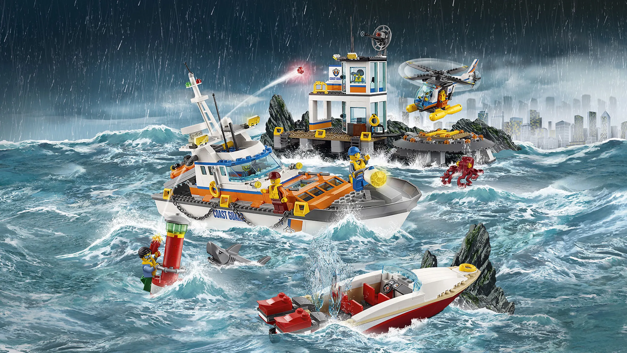LEGO City Coast Guard - 60167 Coast Guard Head Quarters - Sharks, cliffs and an octopus causes chaos at sea and it is the coast guard's job to restore order.