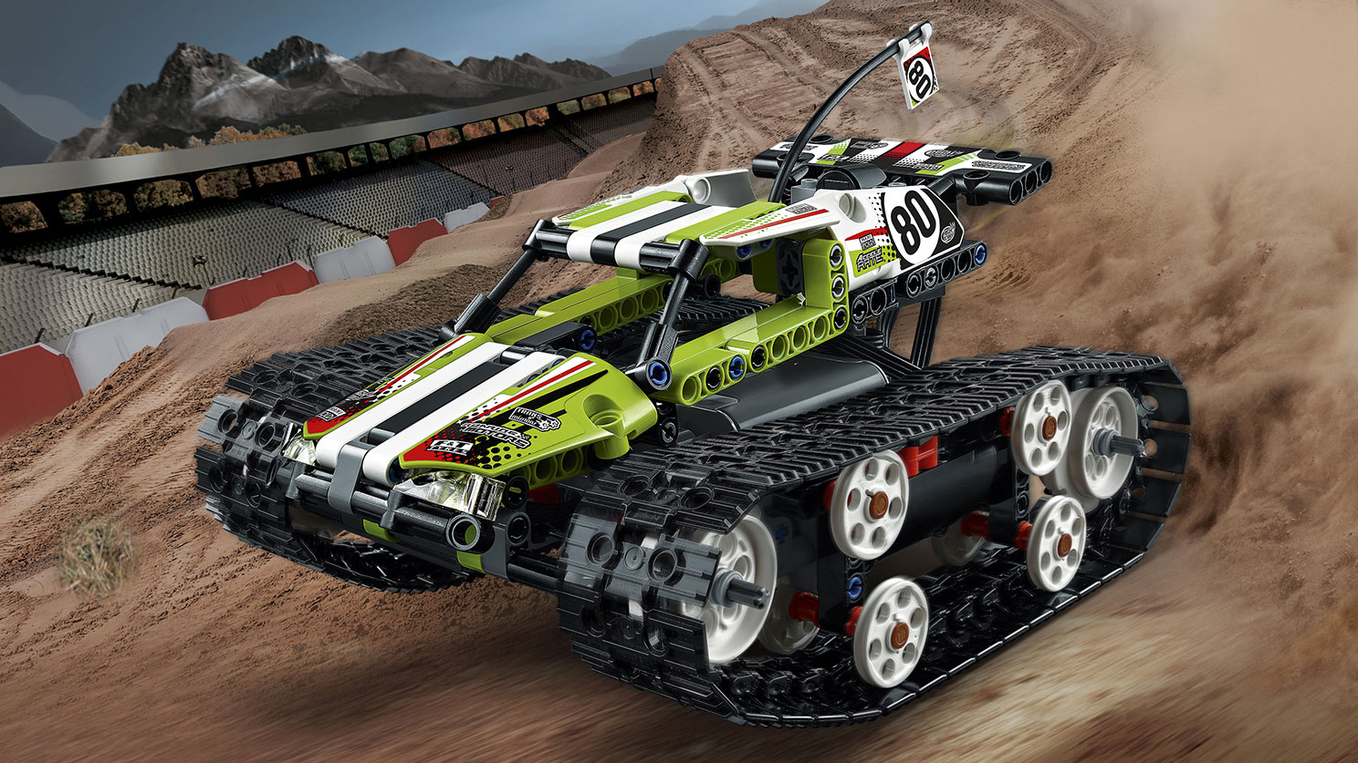 LEGO Technic - 42065 RC Tracked Racer - Get ready for high-speed action with the high-powered RC Tracked Racer, featuring a fresh lime-green, white and black color scheme with cool stickers, roll bars and huge rugged tracks for ultimate maneuverability!