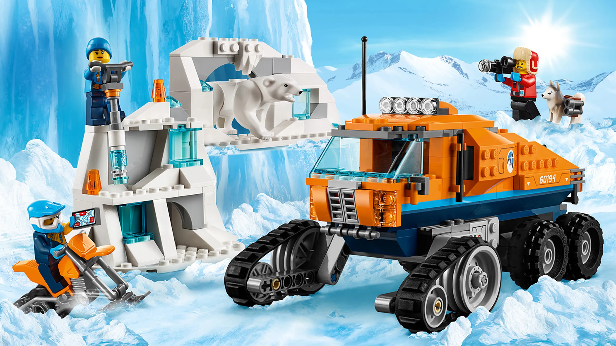 LEGO City Arctic Expedition - 60194 Arctic Scout Truck - A photographer is out with his dog, a worker drills in an iceberg with tools from the big orange vehicle, a polar bear live in the iceberg and another worker is on a snowmobile.