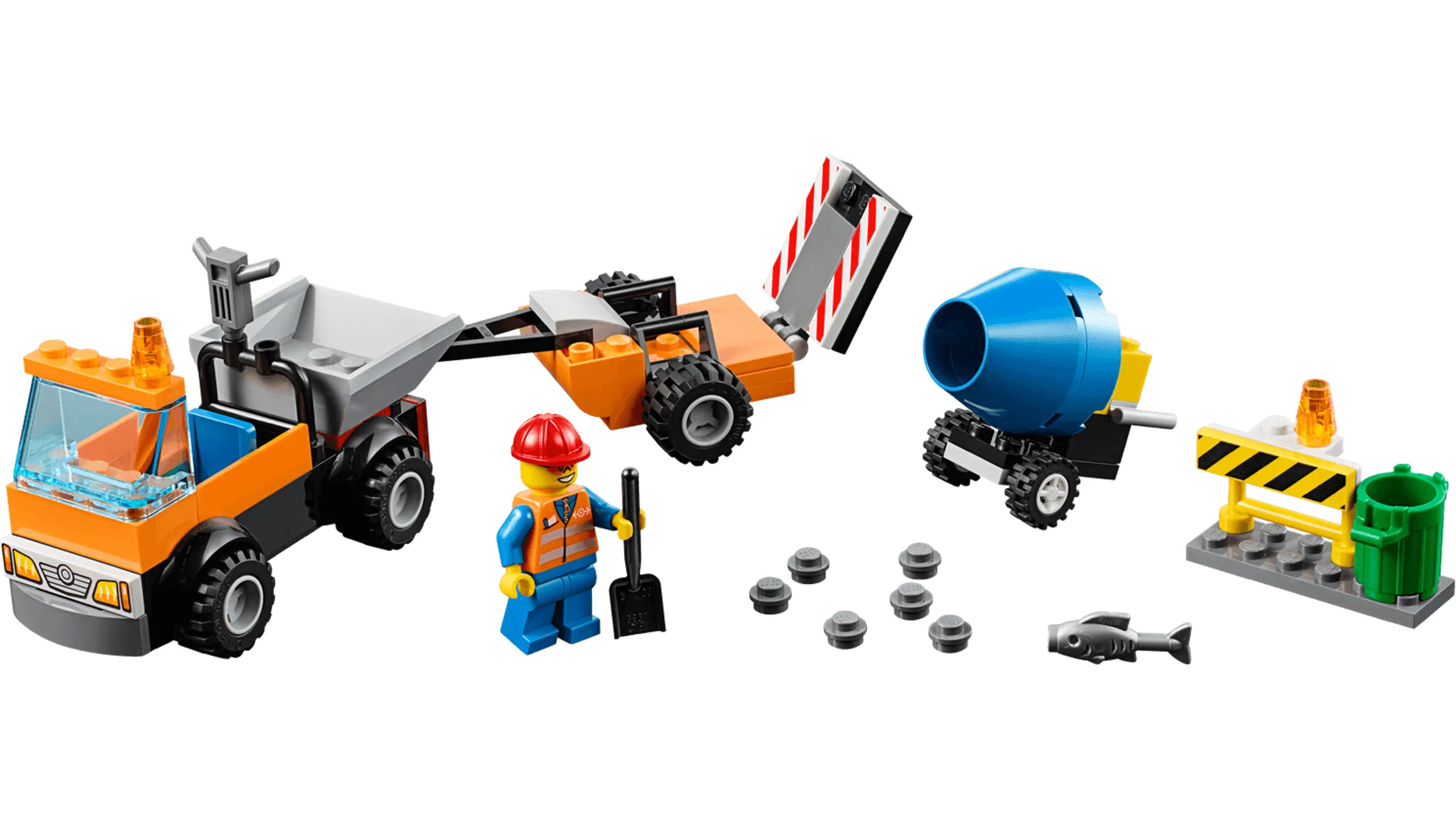 LEGO Juniors Road Repair Truck - 10750 Drive the truck into position and unload the cement mixer. Set up the barrier to stop the traffic and then pour out the cement to fill the hole