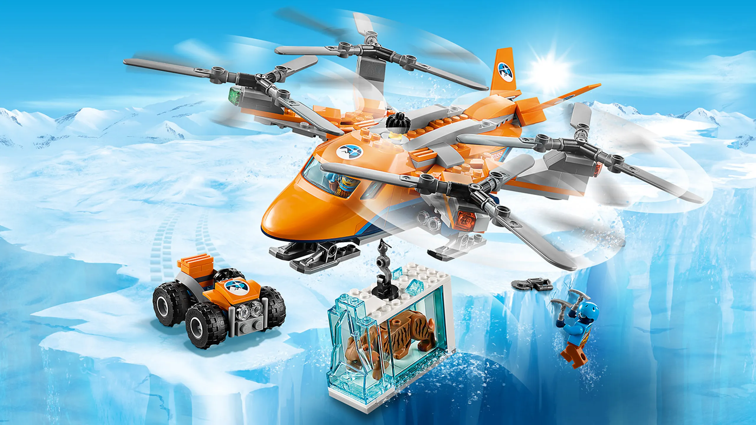 LEGO City Arctic Expedition - 60193 Arctic Air Transport - Carry a big a preserved prehistoric animal inside a block of ice with the orange plane that has 4 propellers on the top.