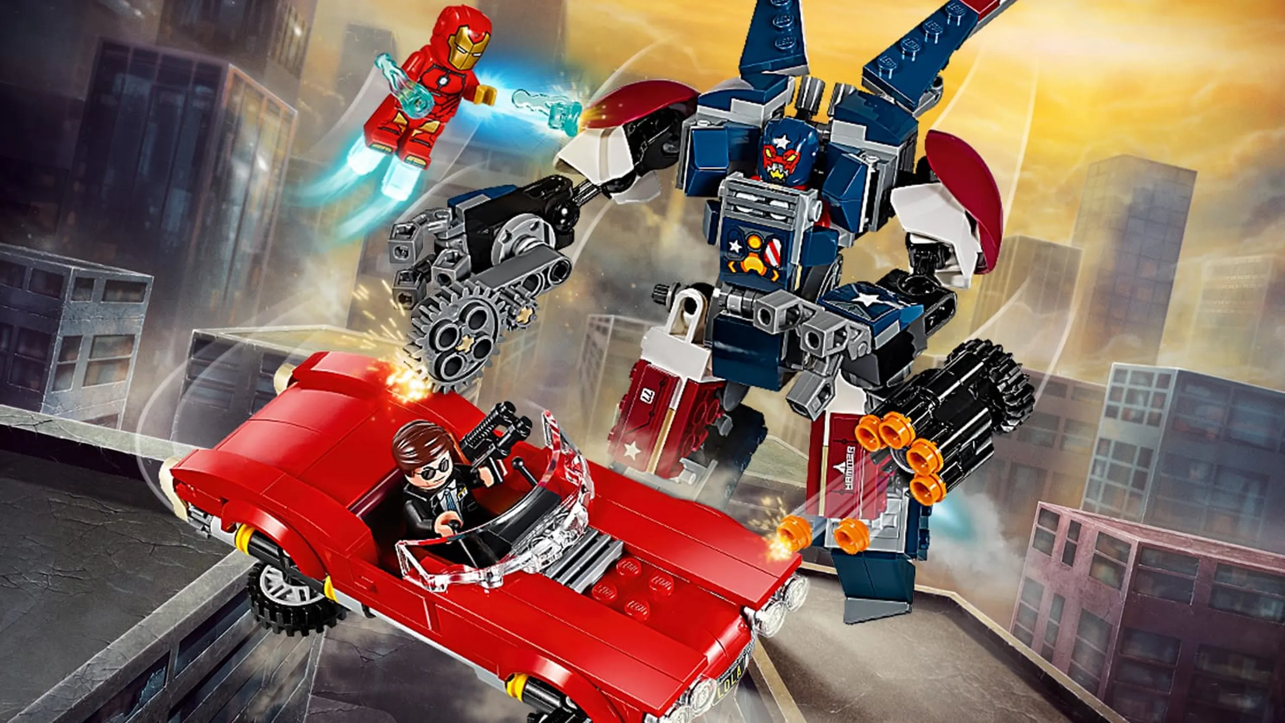 LEGO Super Heroes - 76077 Iron Man: Detroit Steel Strikes - Justin Hammer attacks Agent Coulson, who tries to escape Justin Hammer's stud shoots and chainsaw arms in his flying car.