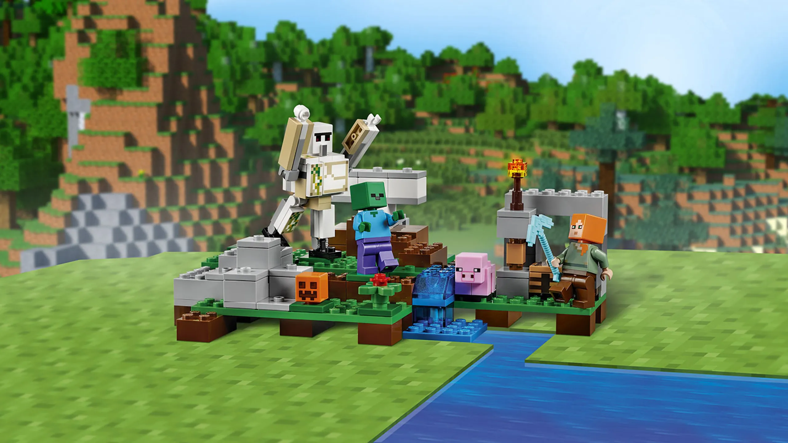 LEGO Minecraft - 21123 The Iron Golem - The iron golem and a zombie crashes the camp where Steve is with his pig and pumpkins.