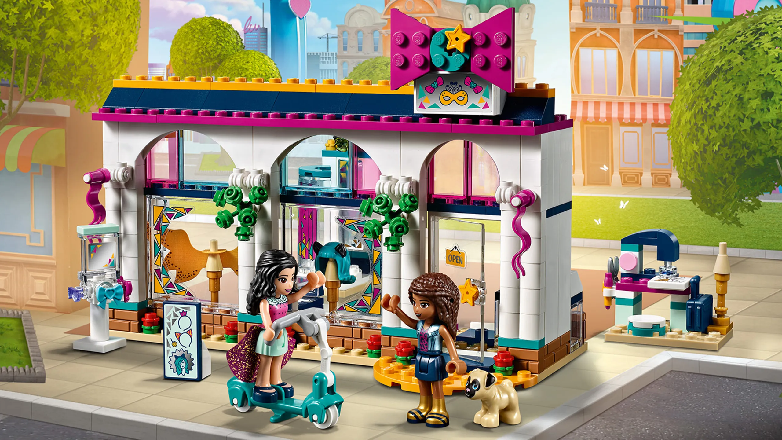 LEGO Friends - 41344 Andrea's Accessories Store - Emma and Andrea with her dog meet up outside the Accessories Store to find a new look for Andrea's next performance.
