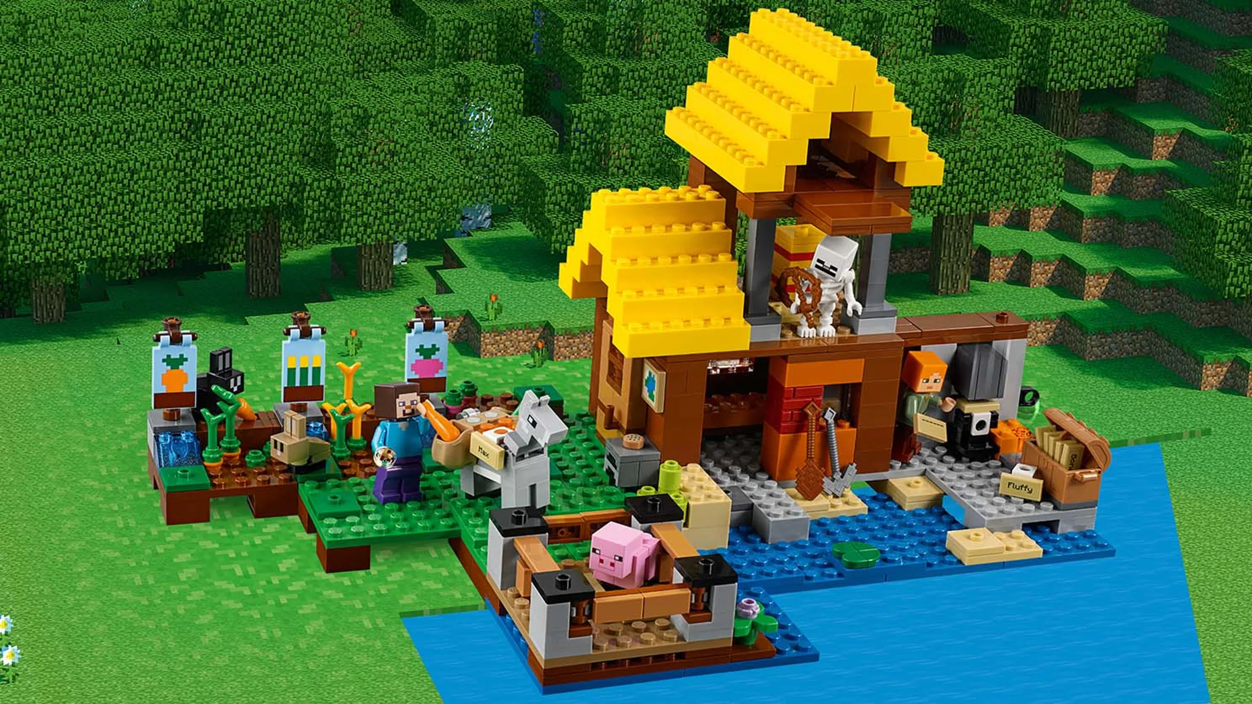 LEGO Minecraft - 21144 The Farm Cottage - Steve and Alex have build a big farm with a thatched roof where they grow lost of crops that they must protect from the hungry rabbits and they also have a donkey and a baby pig at their farm.