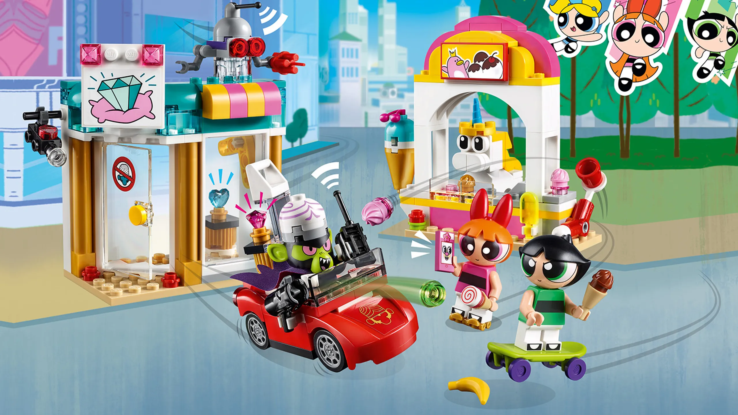 LEGO Powerpuff Girls - 41288 Mojo Jojo Strikes - Powerpuff Girls Blossom and Buttercup has just bought ice creams in the city as Mojo Jojo attacks them from his red car.