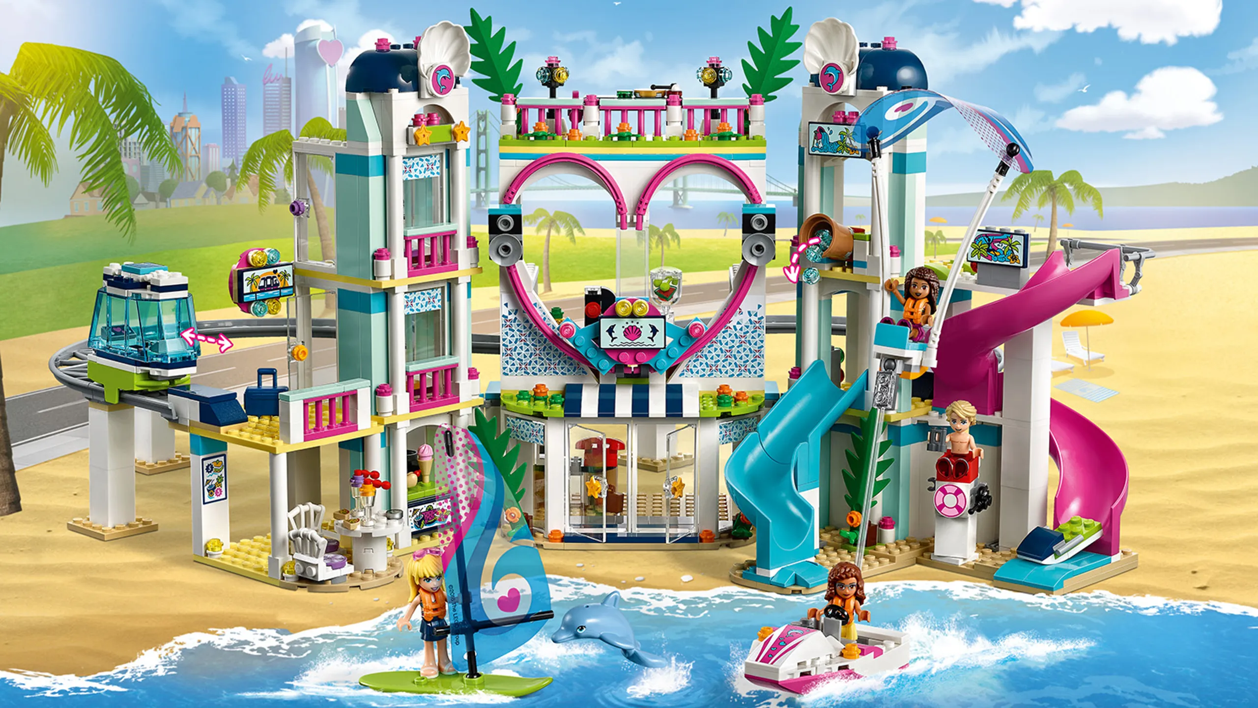 LEGO Friends - 41347 Heartlake City Resort - Whizz down the slide into the ocean at Heartlake City Resort water park! You can take the train from the city to the beach and hang out, surf or use a water scooter.