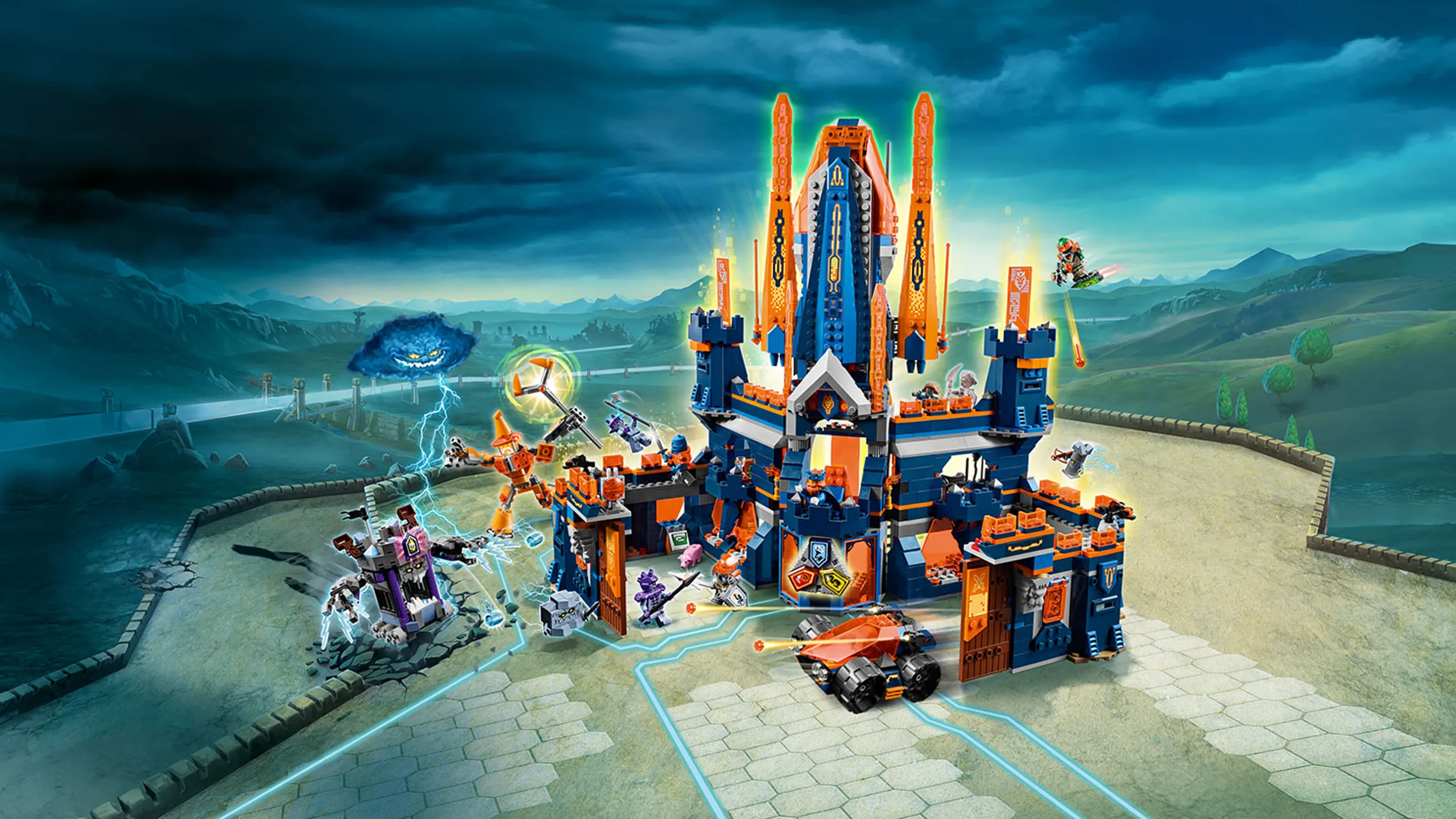 LEGO NEXO KNIGHTS - 70357 Knighton Castle - Prepare the castle for battle! Fire the stud shooters and open the gate to send out Robin’s vehicle and even holographic Merlok 2.0 can join in the action thanks to Robin’s Mechlok mech suit.