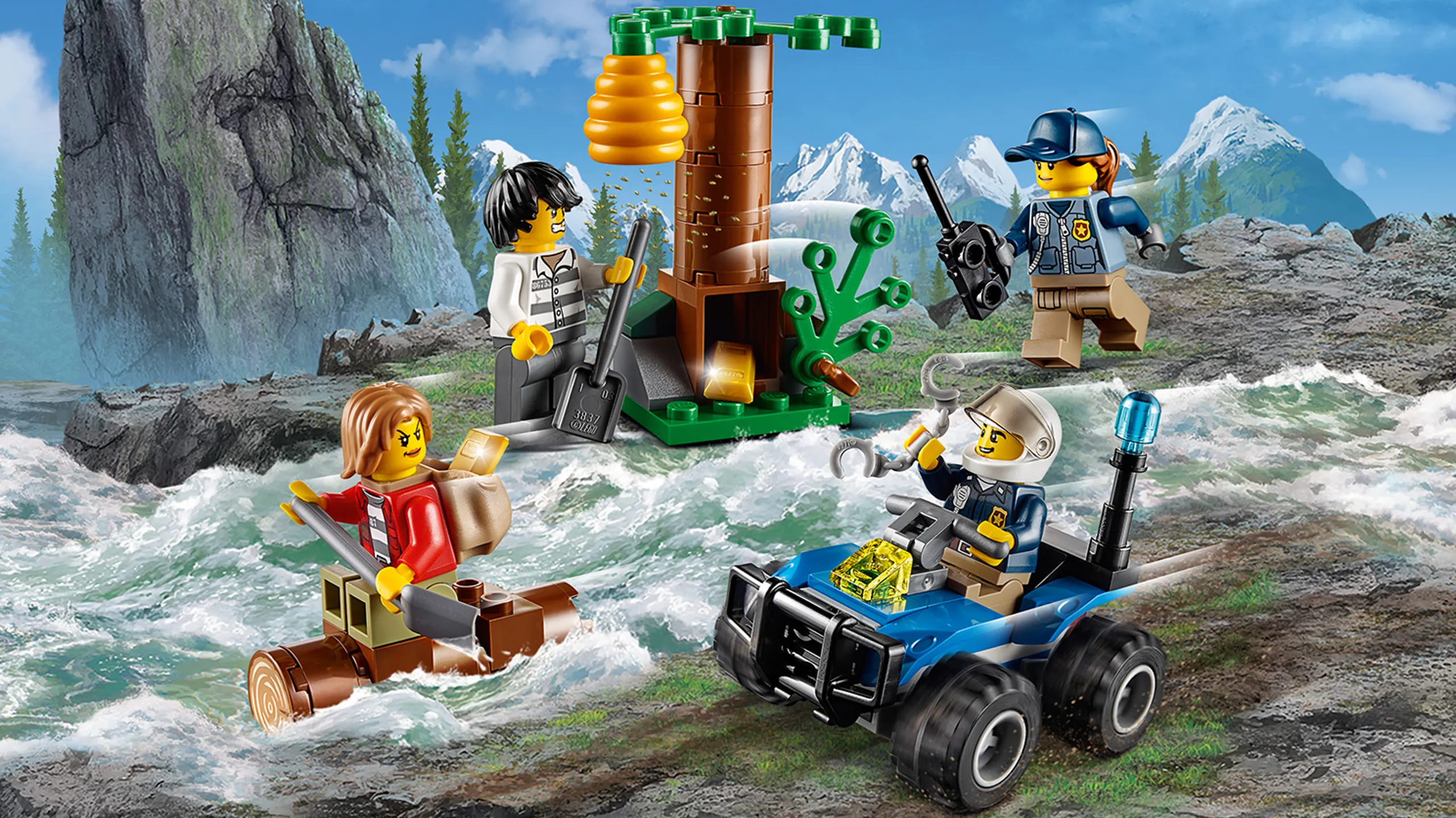 LEGO City Mountain Police - 60171 Mountain Fugitives - The mountain police chases the fugitives that try to escape with the help of a rocky terrain, a wild river and an active beehive.