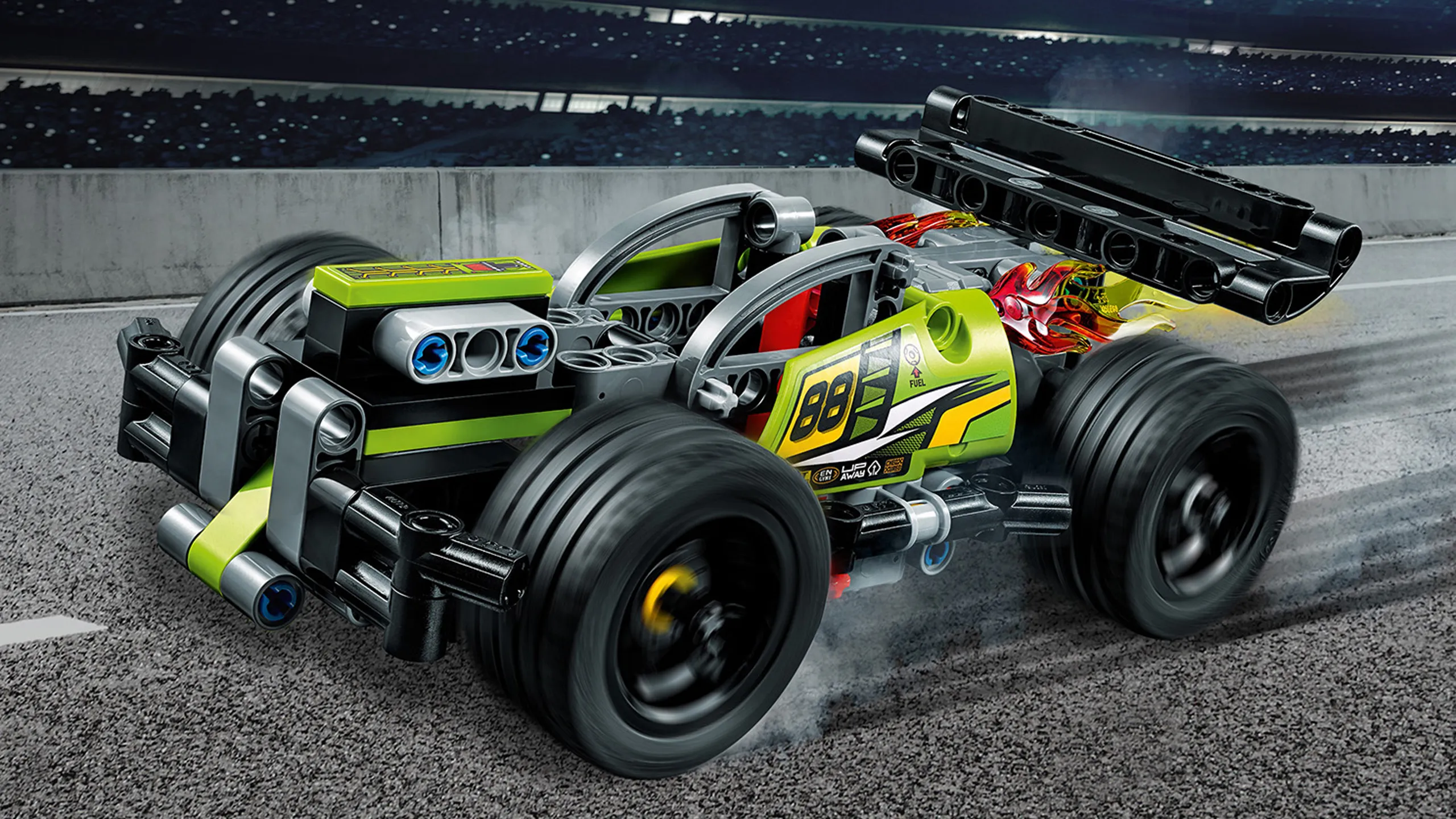 LEGO Technic - 42072 WHACK! - Power up this super-fast vehicle in lime-green, red and gray colors with pull-back motor featuring a sturdy front bumper, large rear spoiler and wide black rims with low profile tires for ultimate grip. 