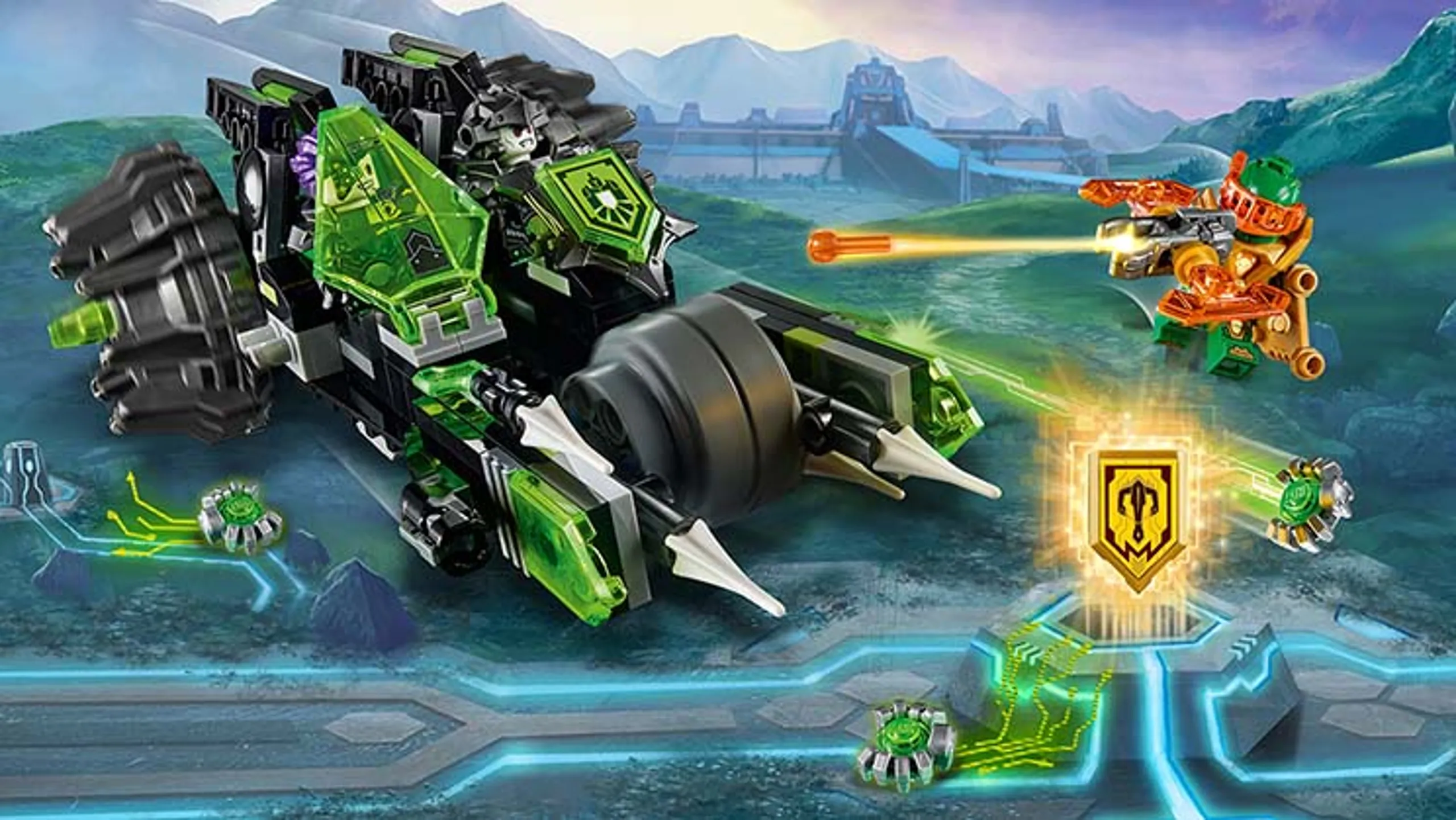 LEGO® NEXO KNIGHTS™ Twinfector – 72002 – Help Aaron battle the evil twins! Fire the crossbow and destroy their Twinfector before they separate it into 2 flyers. Includes 2 scannable shields for the NEXO Powers 