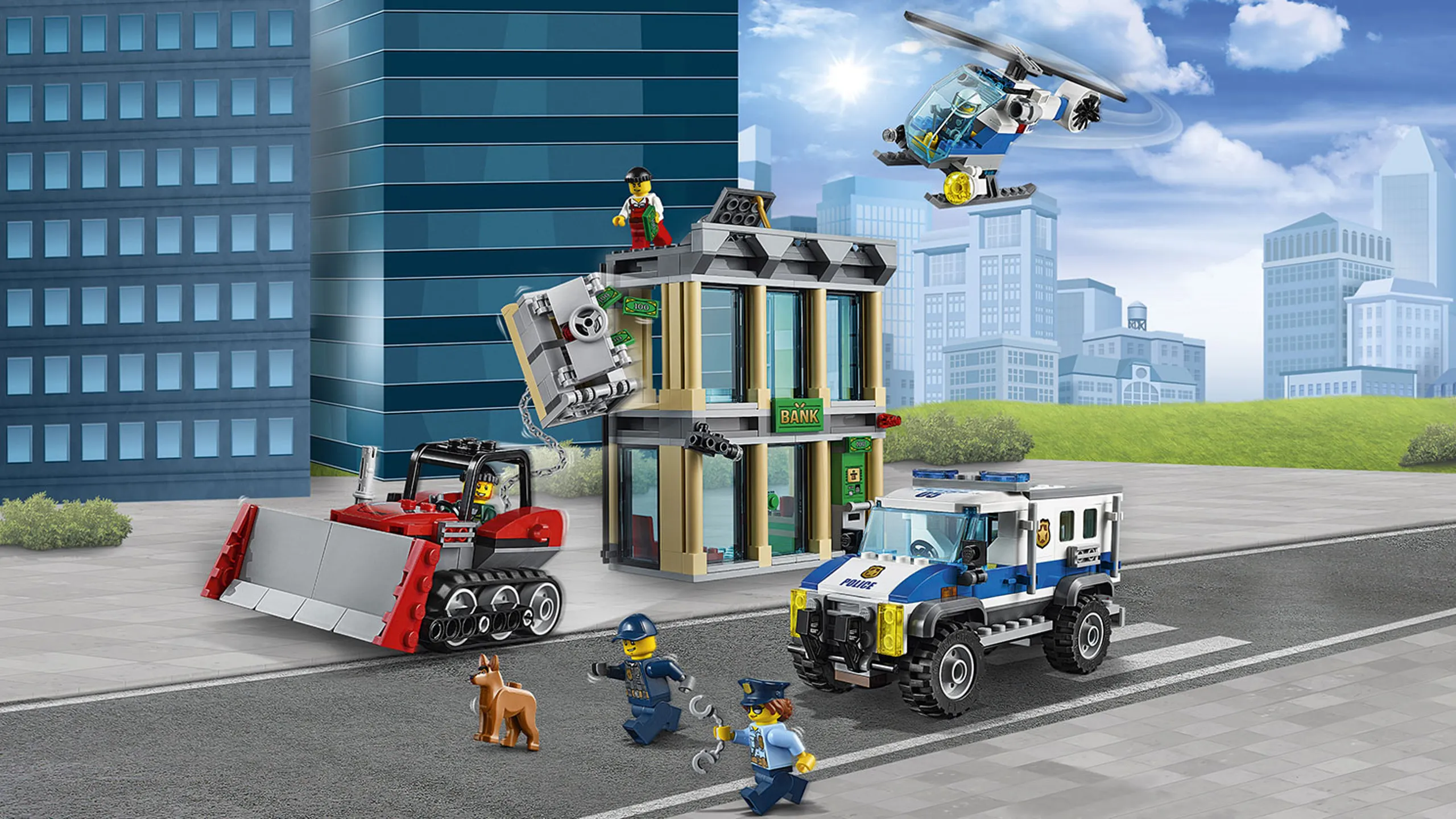 LEGO City Police - 60140 Bulldozer Break-In - The crook uses a bulldozer to steal a safe from the bank and the police is ready to chase him!