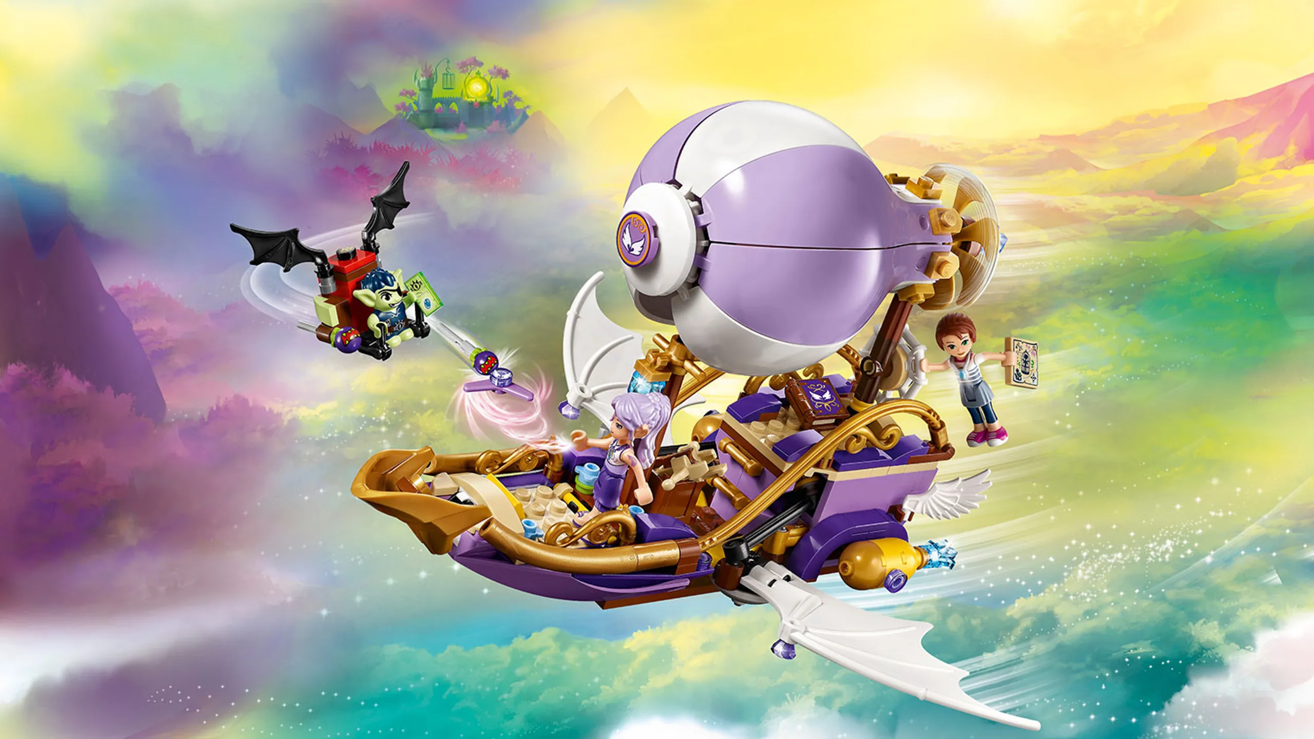 LEGO Elves - 41186 Azari & the Goblin Forest Escape - The Goblin has spotted Emily Jones with her amulet on Aira’s airship and swoops in with the goblin glider to steal the amulet.