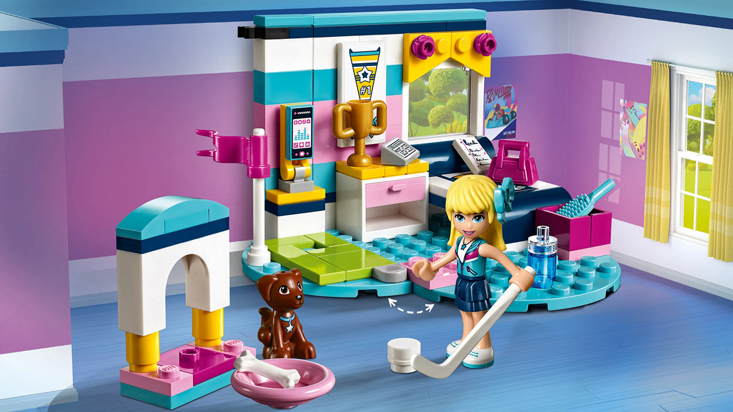 LEGO Friends Stephanie's Bedroom - 41328 - Stephanie’s own personal mini golf putting green and win one of her many sporting trophies. Lay down on the bed or play ball with the little dog Dash. Settle him down in his dog bed and give him a bone as a treat.