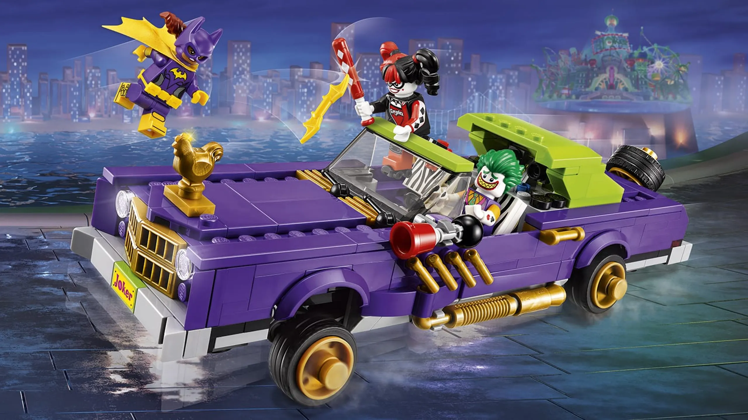 LEGO Batman Movie The Joker Notorious Low Rider - 70906 - Batgirl fights the villains Harley Quinn and the Joker in a crazy purple car around Gotham City.