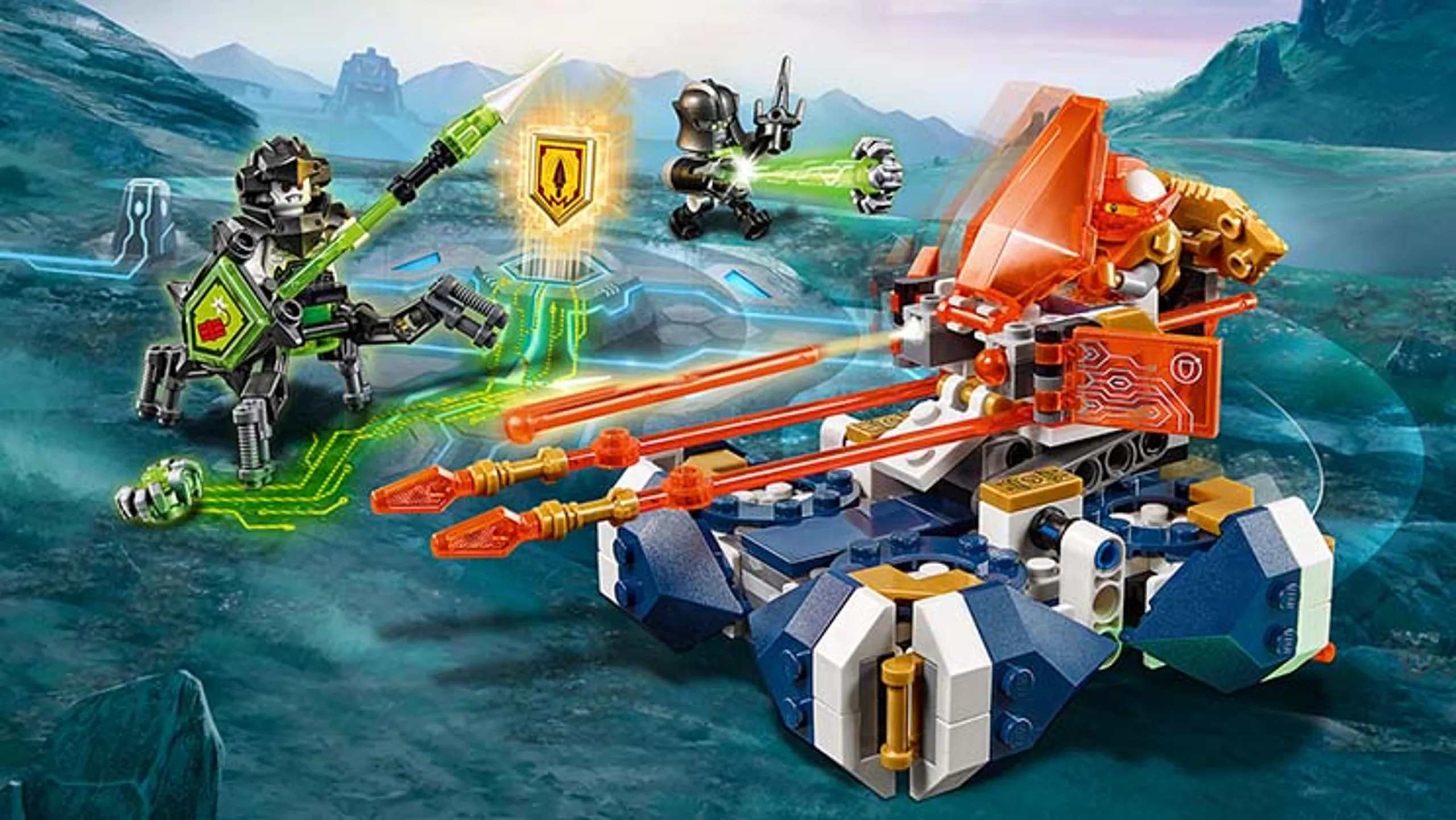 LEGO® NEXO KNIGHTS™ Lance's Hover Jouster – 72001 – Lance’s Hover Jouster against Cezar and his evil squirebot, CyberByter Dennis.   Includes 3 scannable shields for the NEXO Powers 