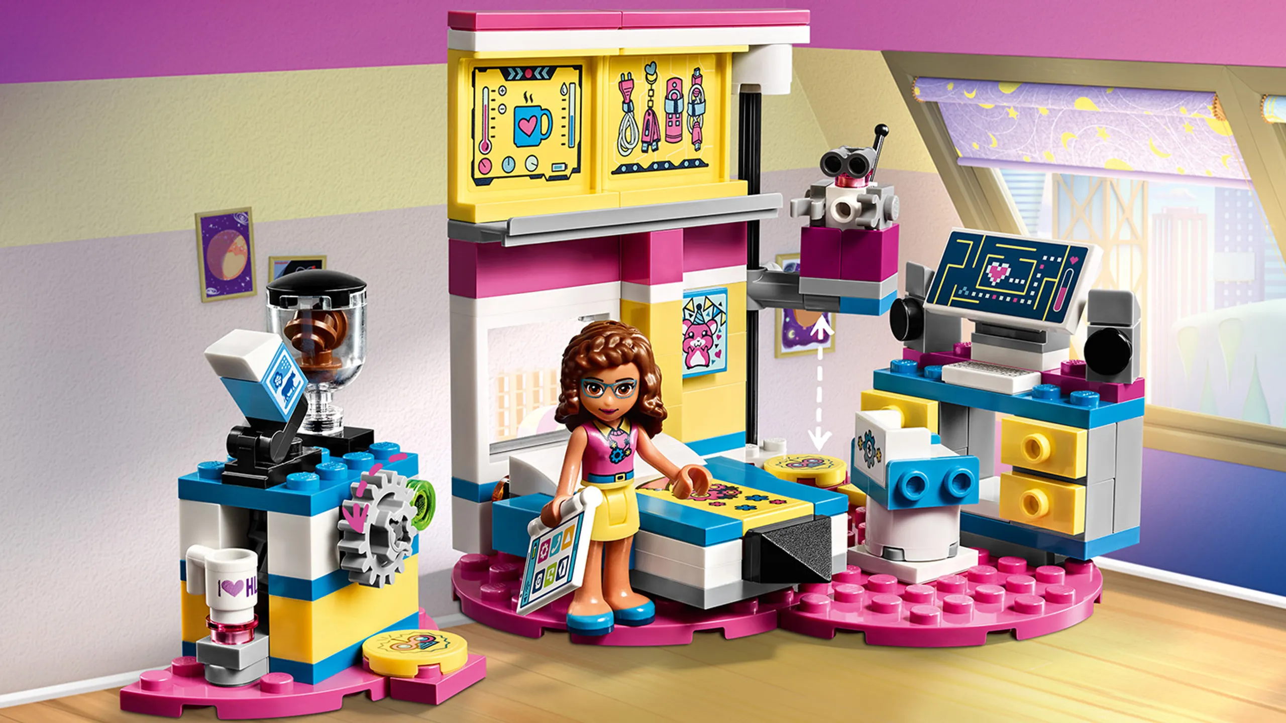 LEGO Friends Olivia's Deluxe Bedroom - 41329 -  In the morning, Olivia's robot Zobito can make coffee at the breakfast station and wake Olivia up with breakfast in bed. Wake up and use the computer or use the tablet to call friends. Ready for another day of scientific discovery!