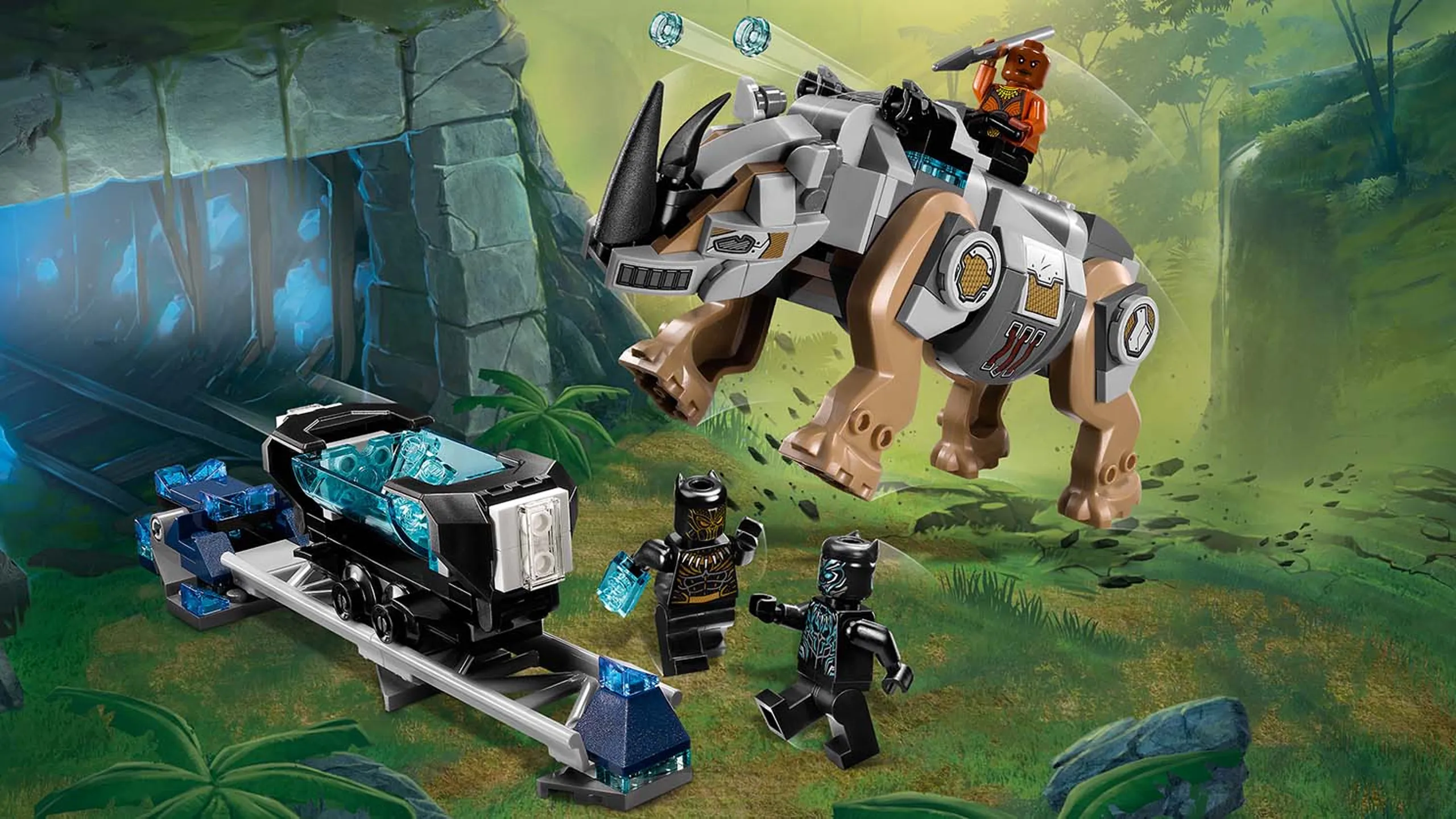 LEGO Super Heroes - 76099 Rhino Face-Off by the Mine - Black Panther is ready to face Killmonger in a battle at the vibranium mine. Black panther brought his bodyguard Okoye who fires studs from a rhino.