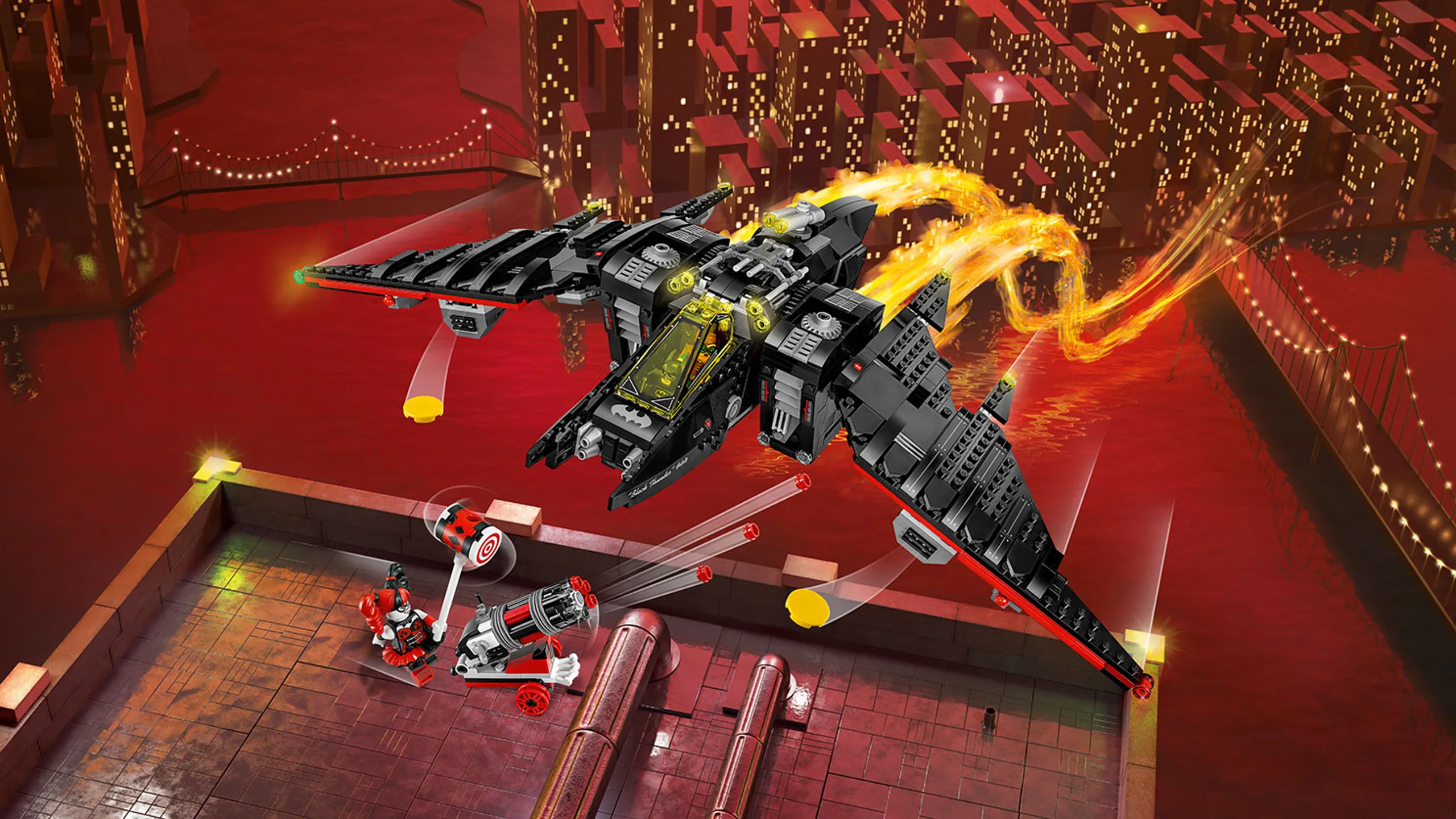 LEGO Batman Movie the Batwing - 70916 - Harley Quinn fires her cannon at Batman and Robin who are cruising in the Batwing.