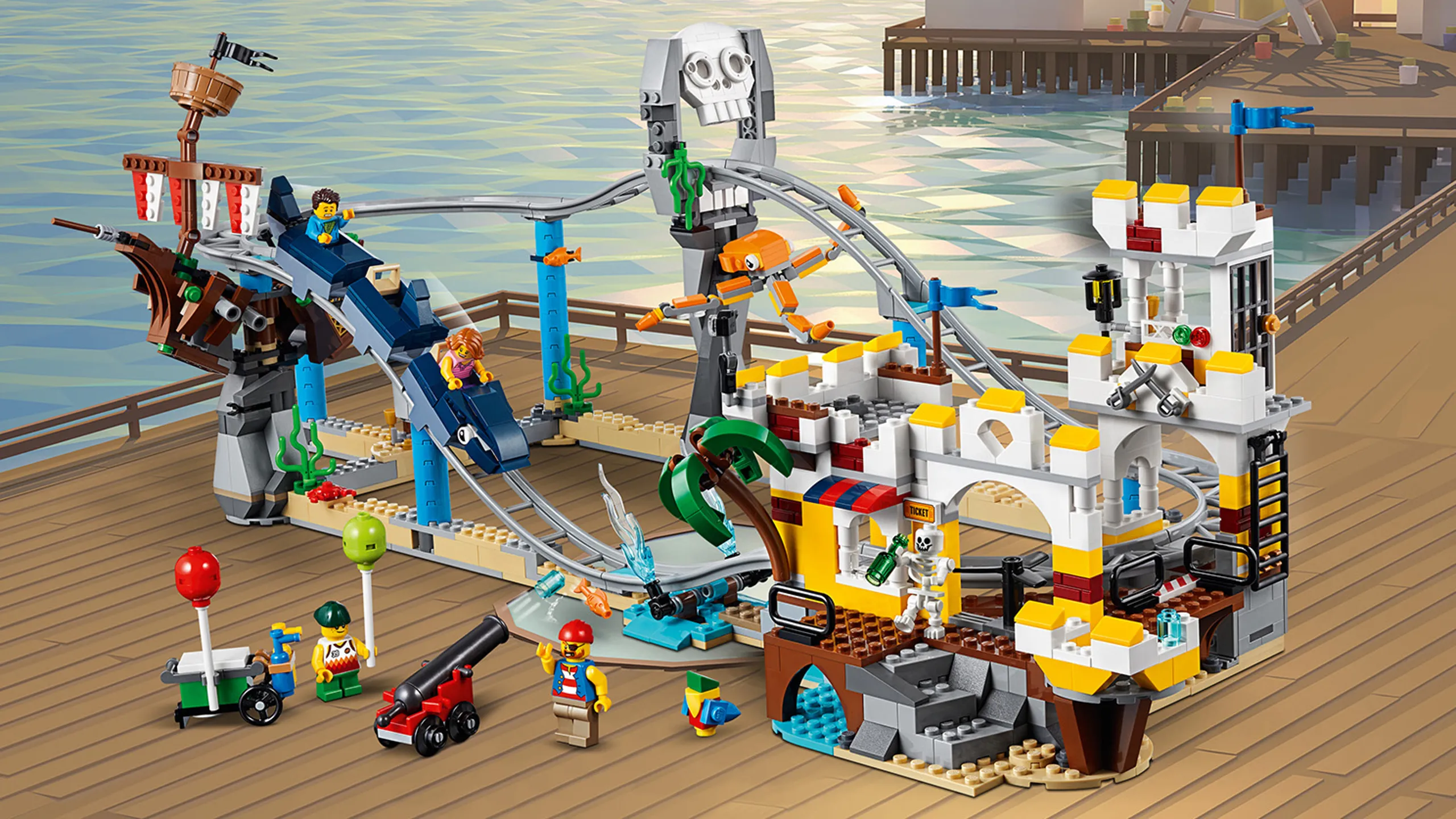 LEGO Creator 3 in 1 - 31084 Pirate Roller Coaster -  Build a pirate themed roller coaster on the pier with a balloon stand on the ground.