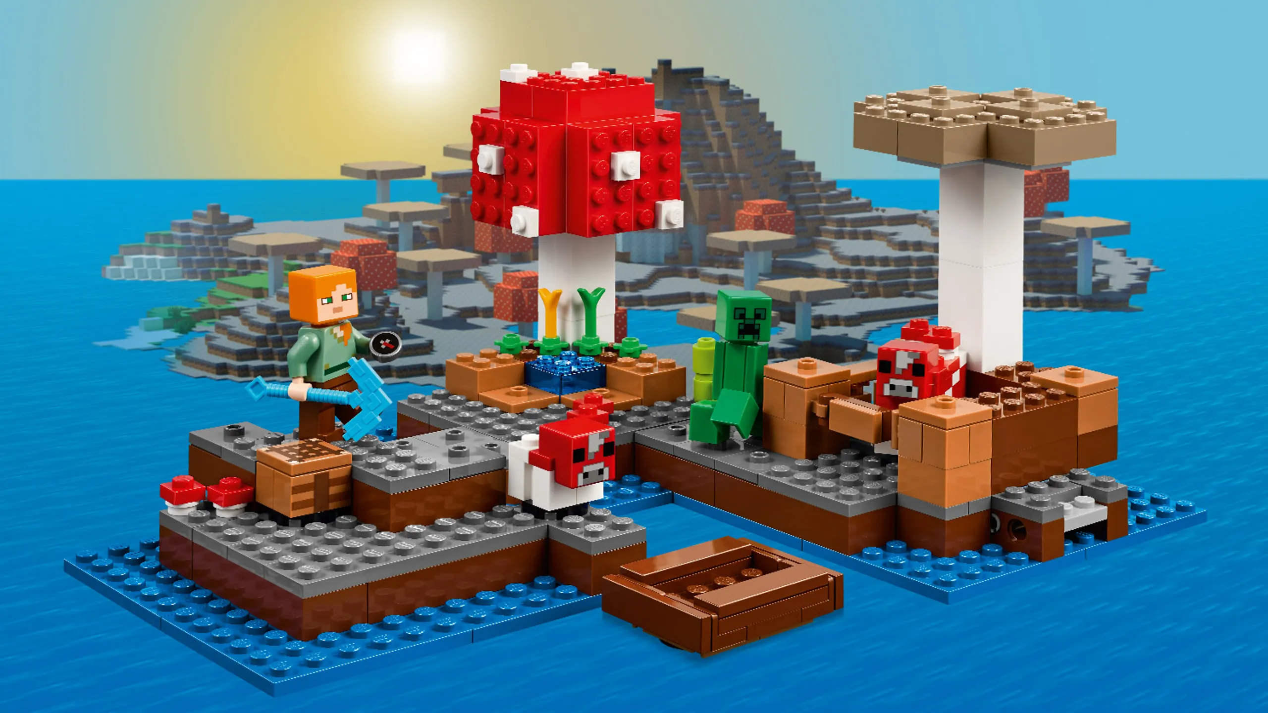 LEGO Minecraft - 21129 The Mushroom Island - Use your pickaxe to mine valuable resources, craft and create at the crafting table, and grow vital crops and wheat for the mooshroom and her baby