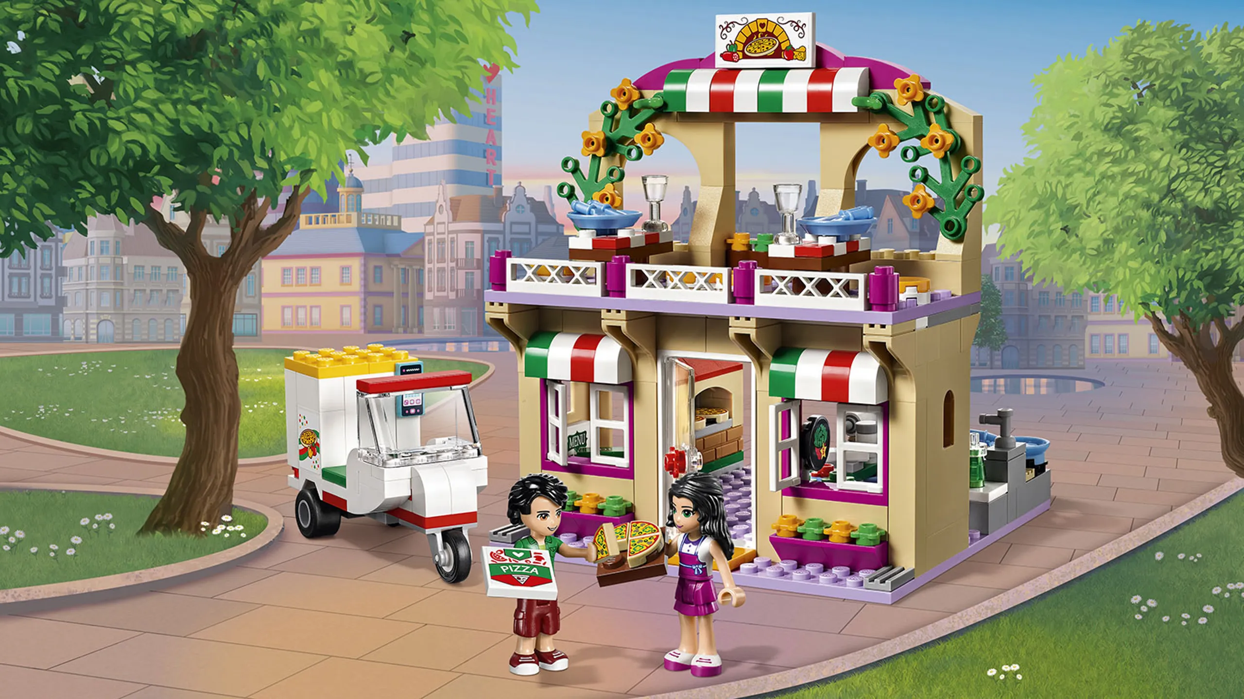 LEGO Friends - 41311 Heartlake Pizzeria - Emma works at the Italian styled pizzeria in Heartlake and Oliver delivers pizzas with the special delivery scooter.